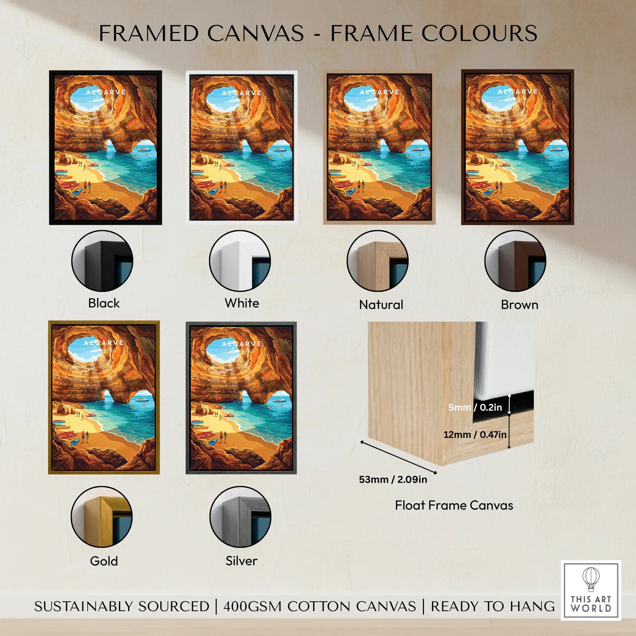 Algarve Portugal Sea Caves Travel Poster — framed canvas float frame colour options