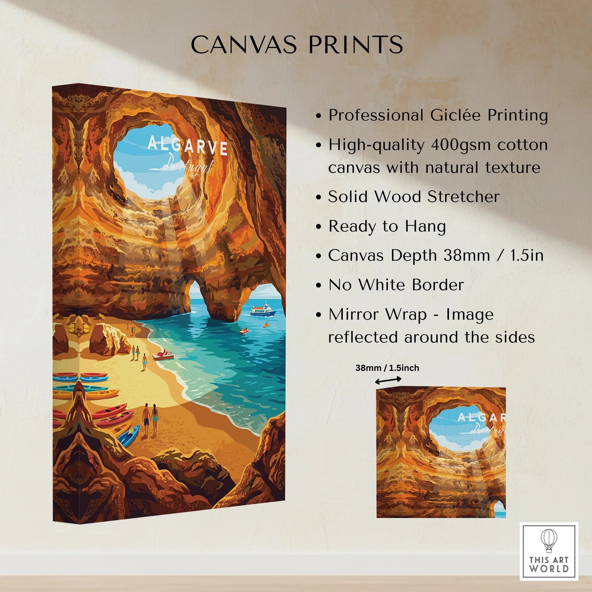 Algarve Portugal Sea Caves Travel Poster — canvas print stretched cotton canvas details