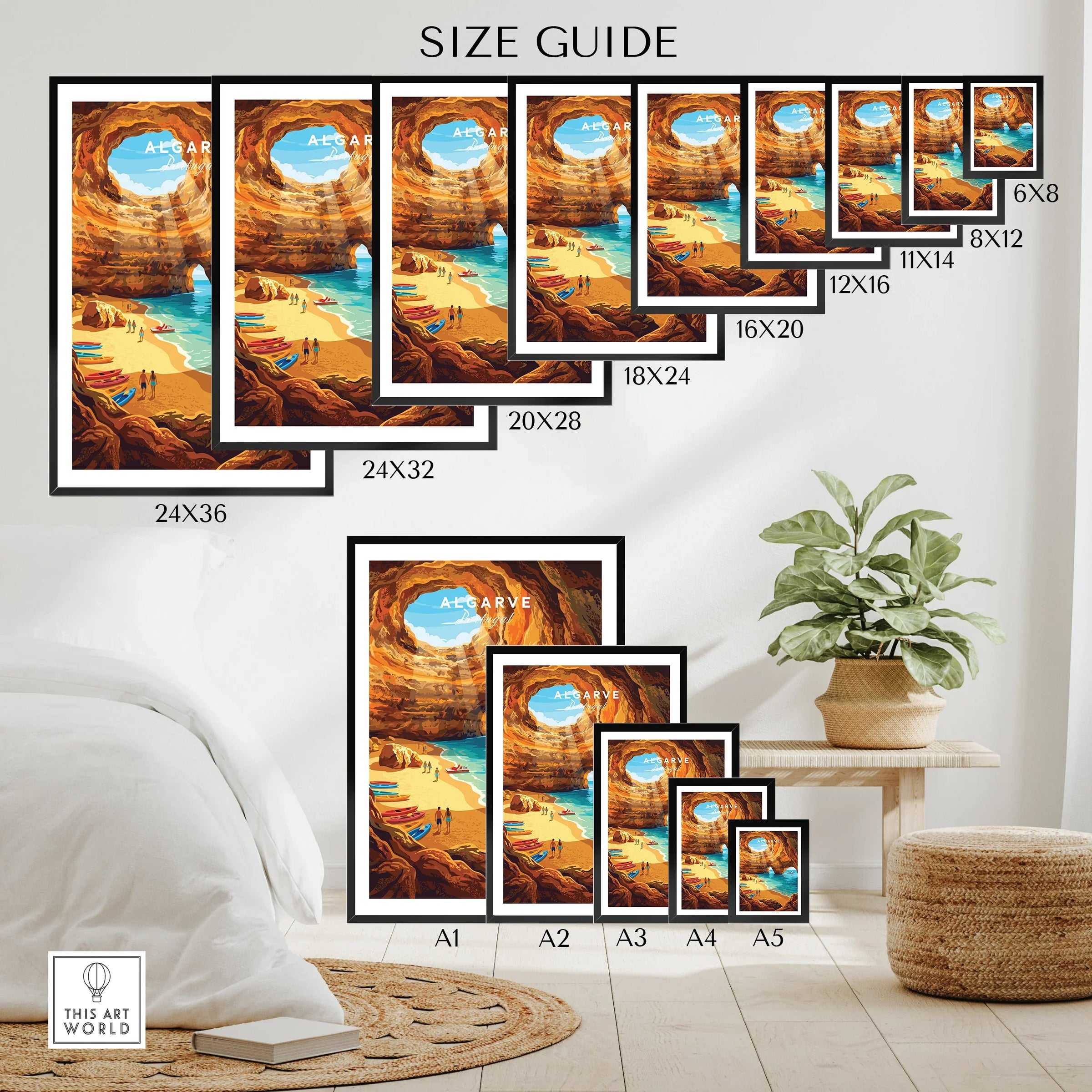 Algarve Portugal Sea Caves Travel Poster — wall art poster size guide thisartworld