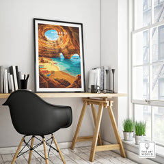 Algarve Portugal Sea Caves Travel Poster — framed poster black frame on office desk modern