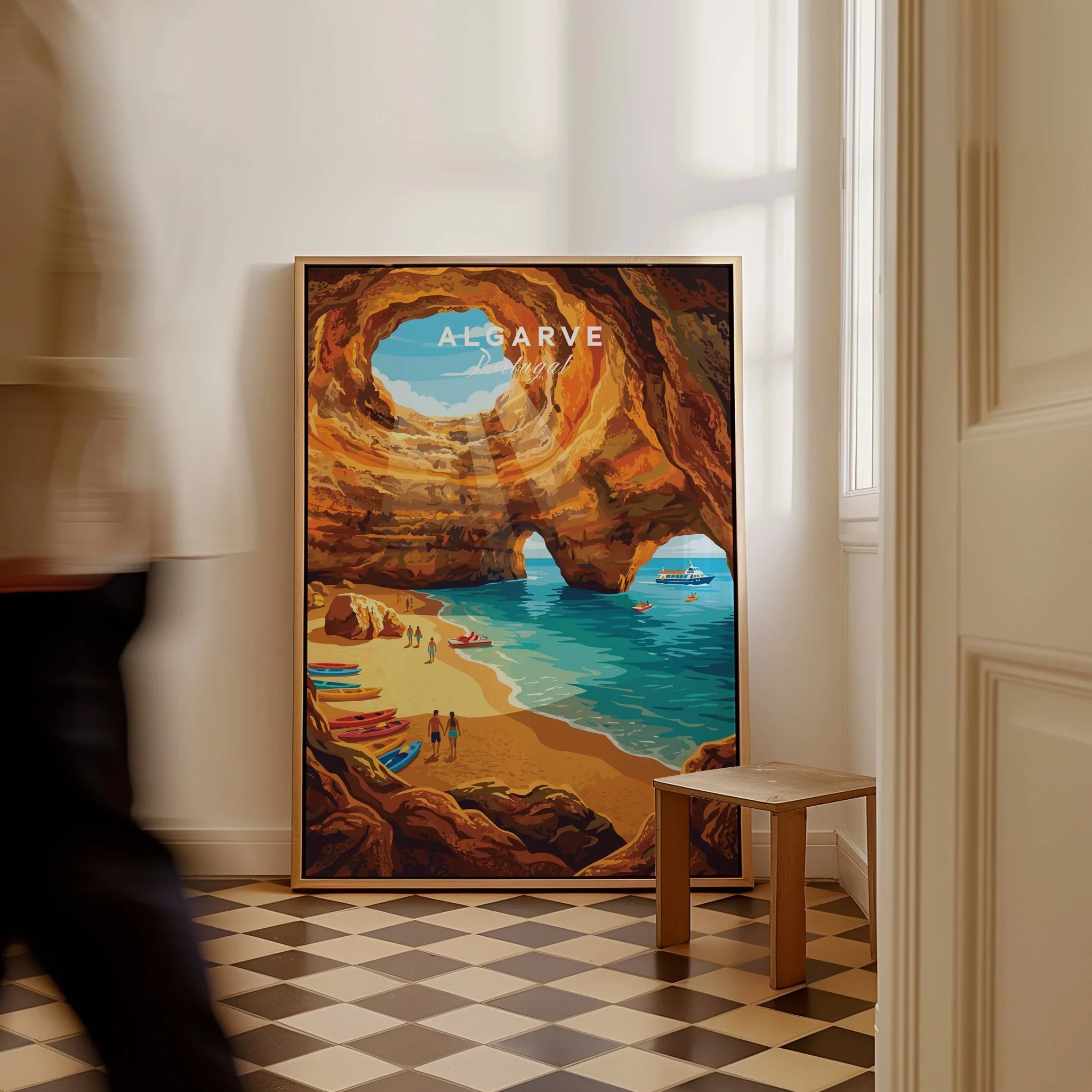 Algarve Portugal Sea Caves Travel Poster — framed canvas on floor man walking past