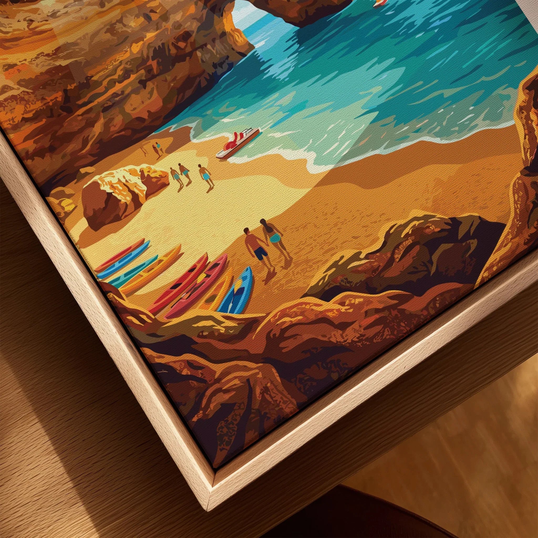 Algarve Portugal Sea Caves Travel Poster — closeup framed canvas natural wood floating frame