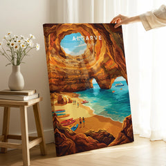 Algarve Portugal Sea Caves Travel Poster — canvas print mirror edge hand holding room setting