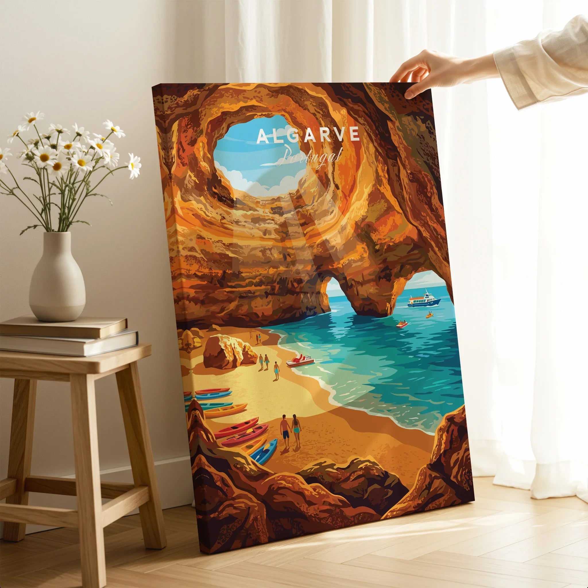 Algarve Portugal Sea Caves Travel Poster — canvas print mirror edge hand holding room setting