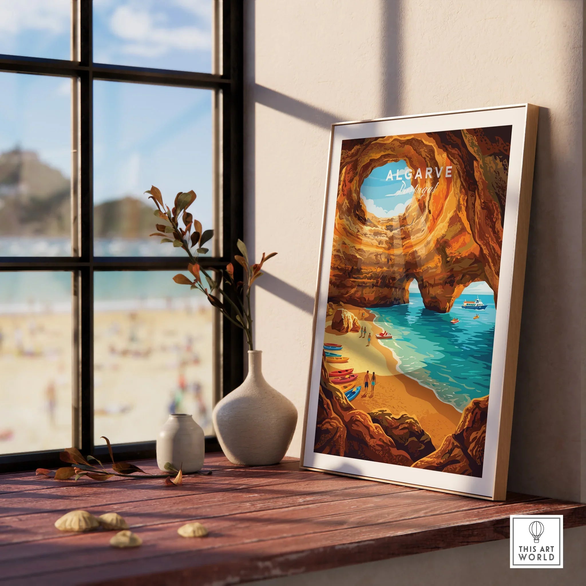 Algarve Portugal Sea Caves Travel Poster — framed print window view natural wood frame