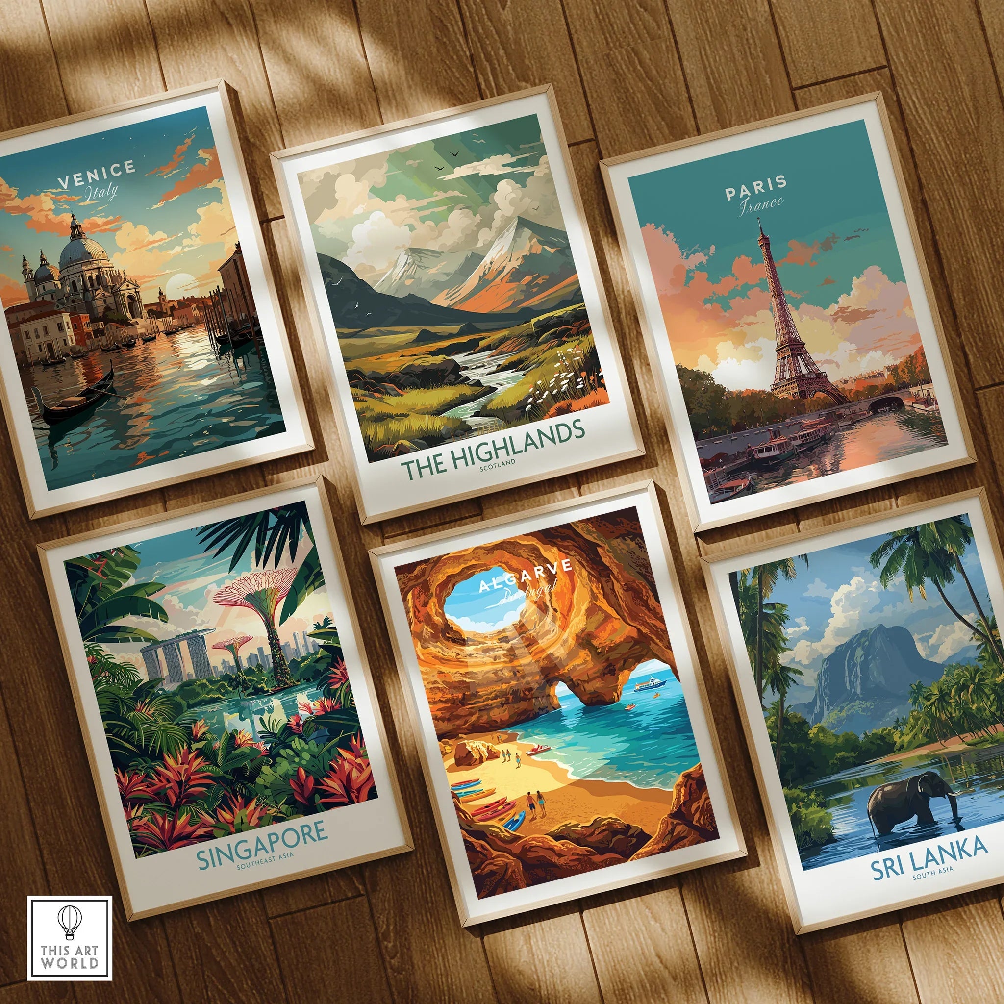 Algarve Portugal Sea Caves Travel Poster — set six framed art prints wooden floor natural wood frames