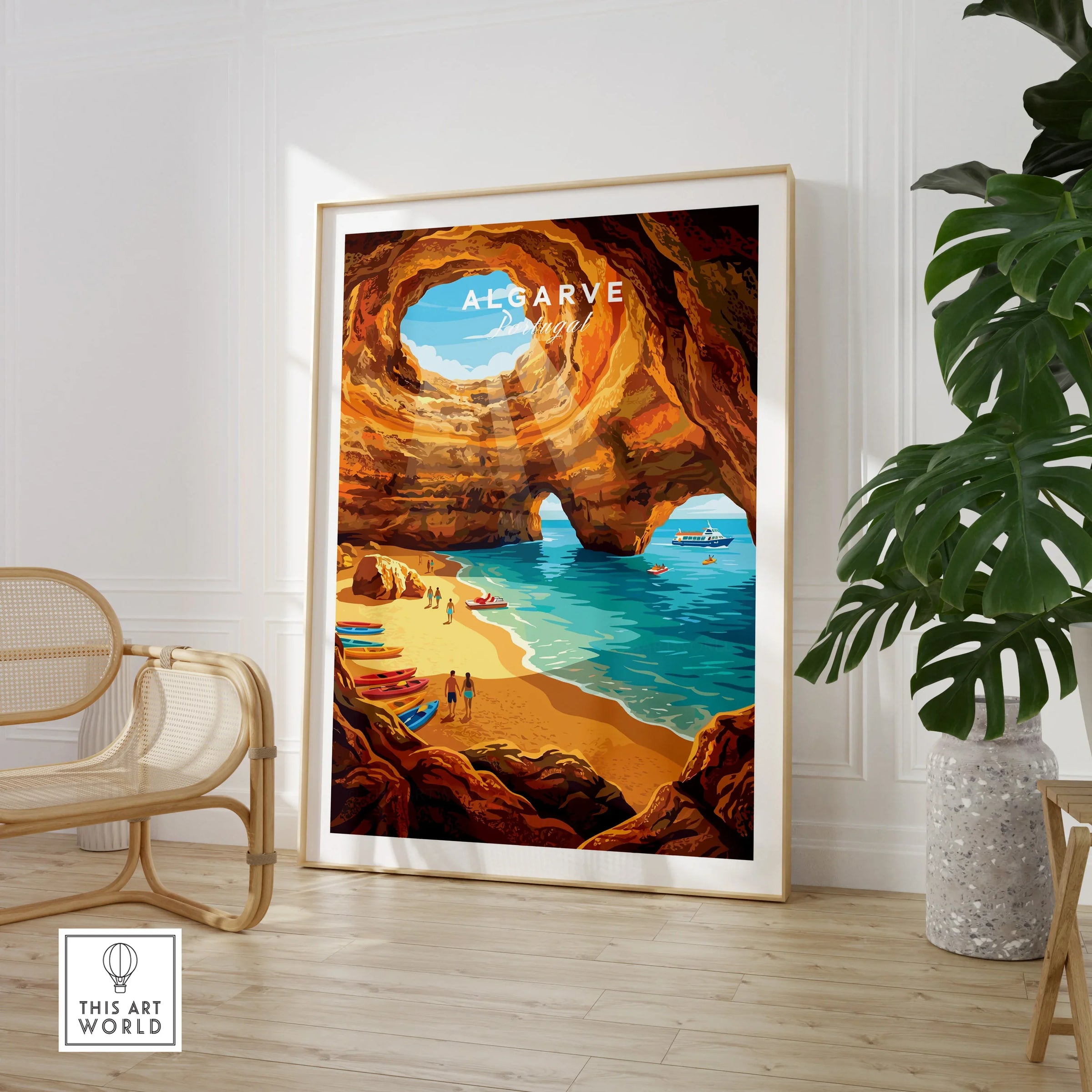 Algarve Portugal Sea Caves Travel Poster — large framed print room setting chair plant