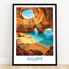 Algarve Portugal Sea Caves Wall Art — art print in black frame on wooden floor