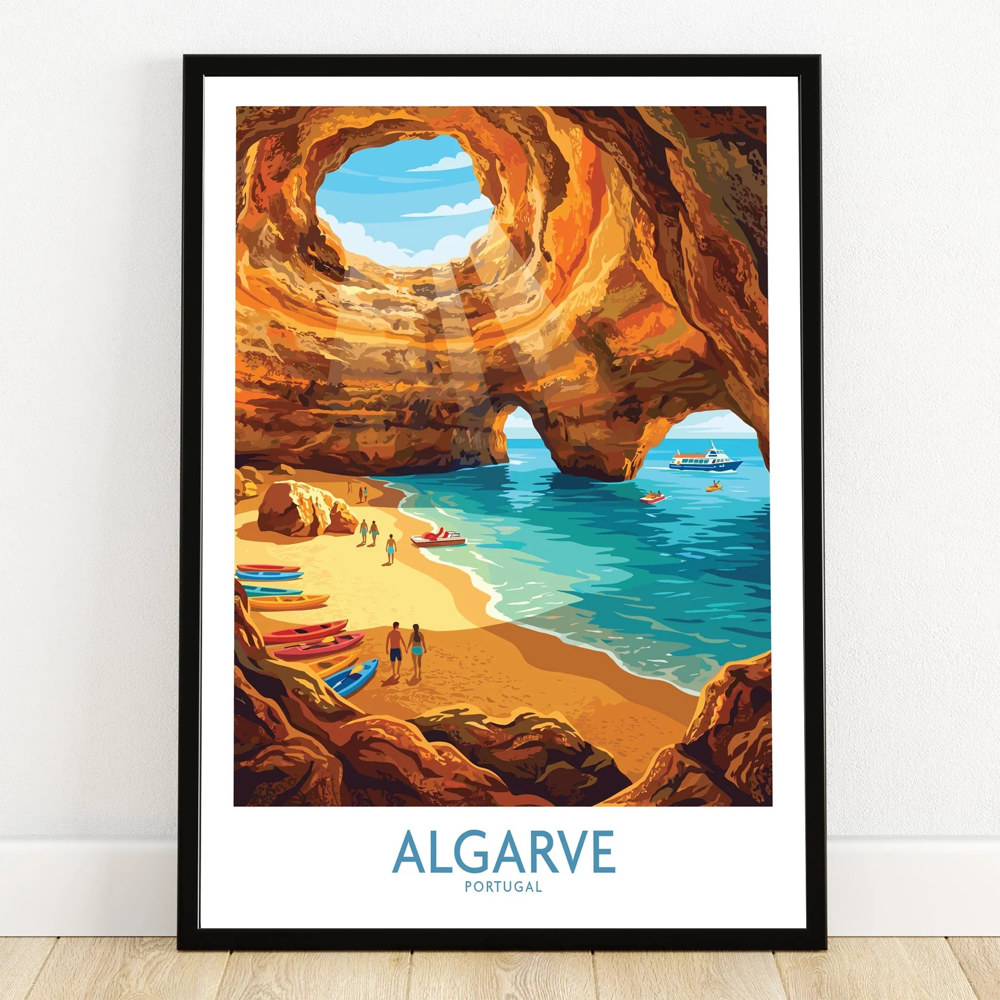 Algarve Portugal Sea Caves Wall Art — art print in black frame on wooden floor