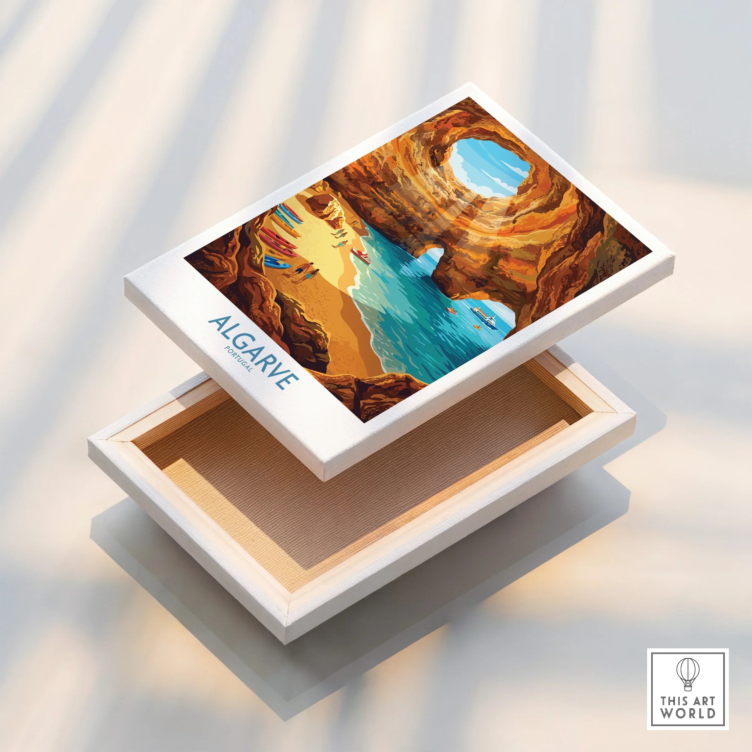 Algarve Portugal Sea Caves Wall Art — stretched canvas print floating detail mirror edge