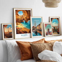 Algarve Portugal Sea Caves Wall Art — set five framed artprints above bed natural wood frames