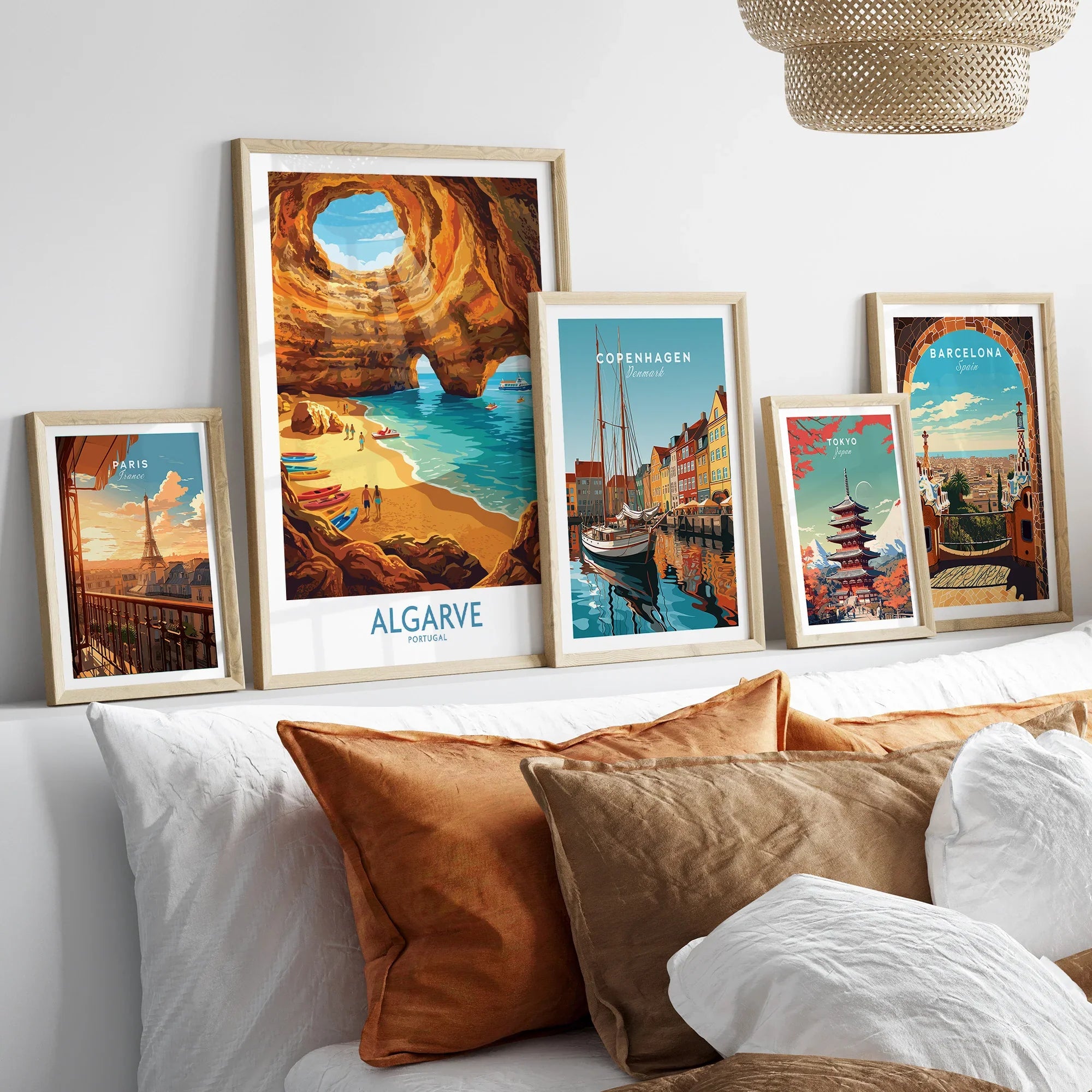 Algarve Portugal Sea Caves Wall Art — set five framed artprints above bed natural wood frames