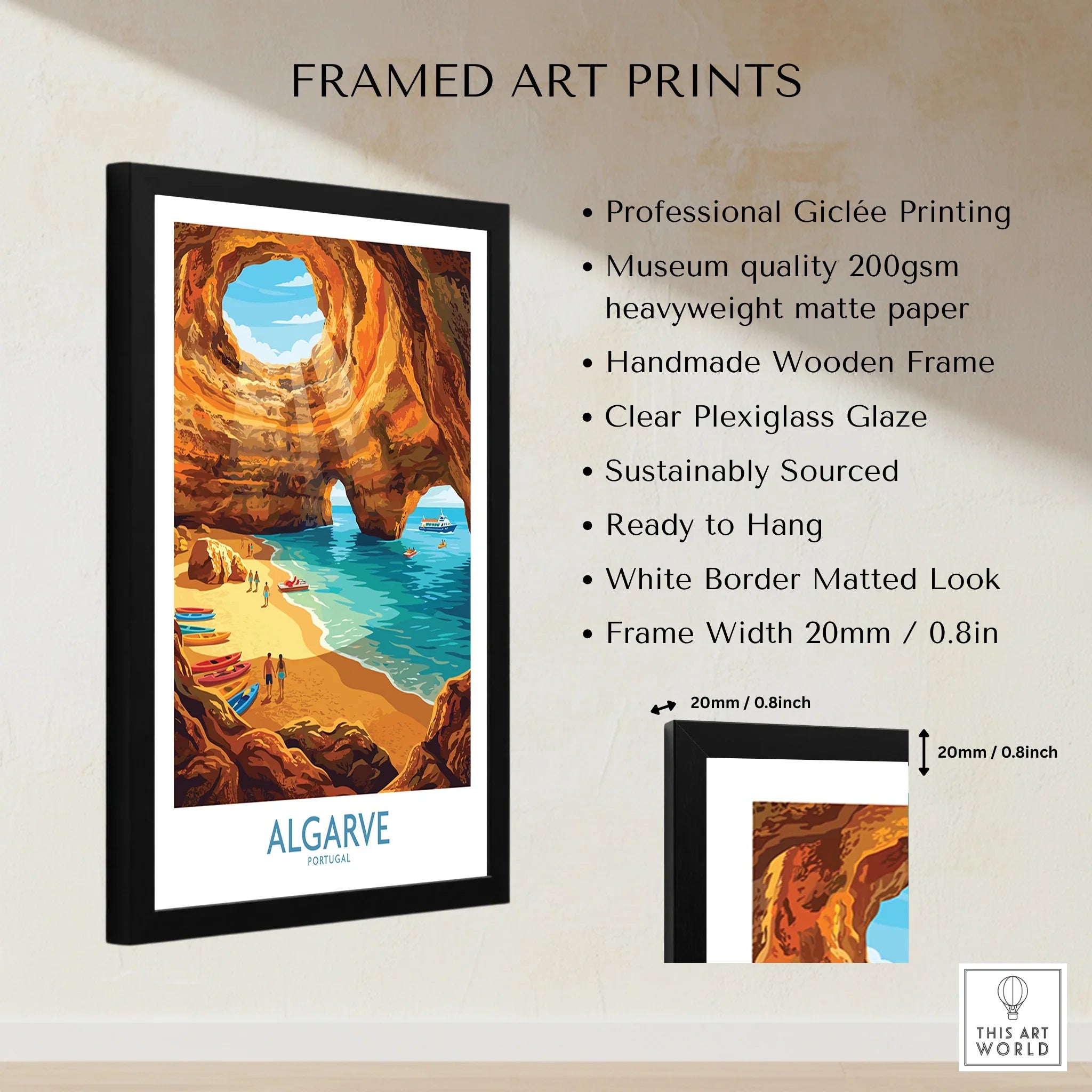 Algarve Portugal Sea Caves Wall Art — framed print details measurements quality details