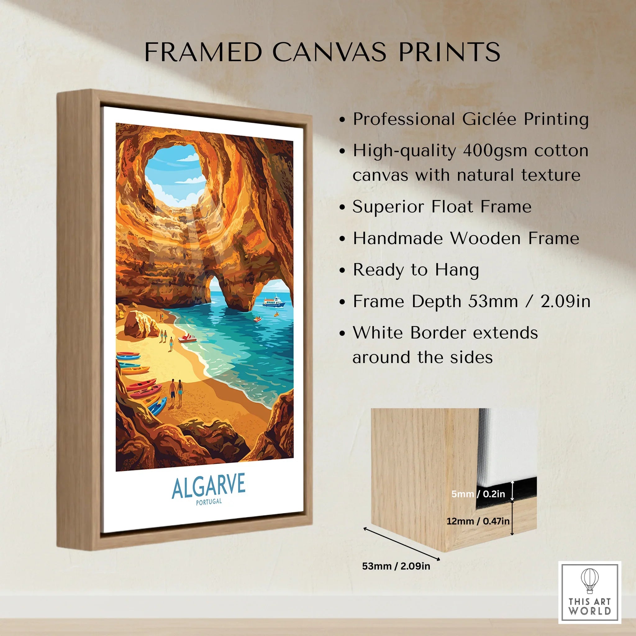 Algarve Portugal Sea Caves Wall Art — framed canvas float frame details quality