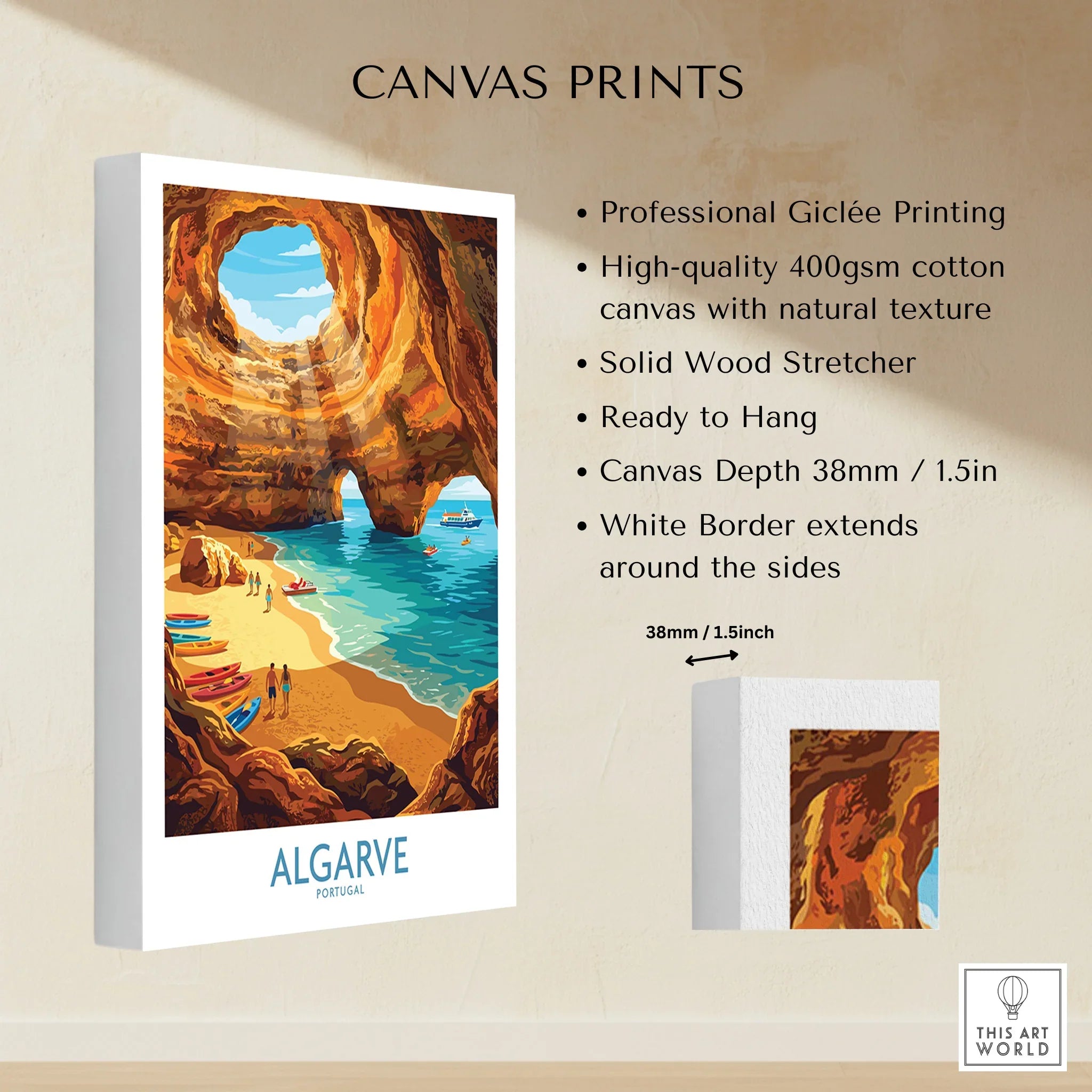 Algarve Portugal Sea Caves Wall Art — canvas print stretched cotton canvas details