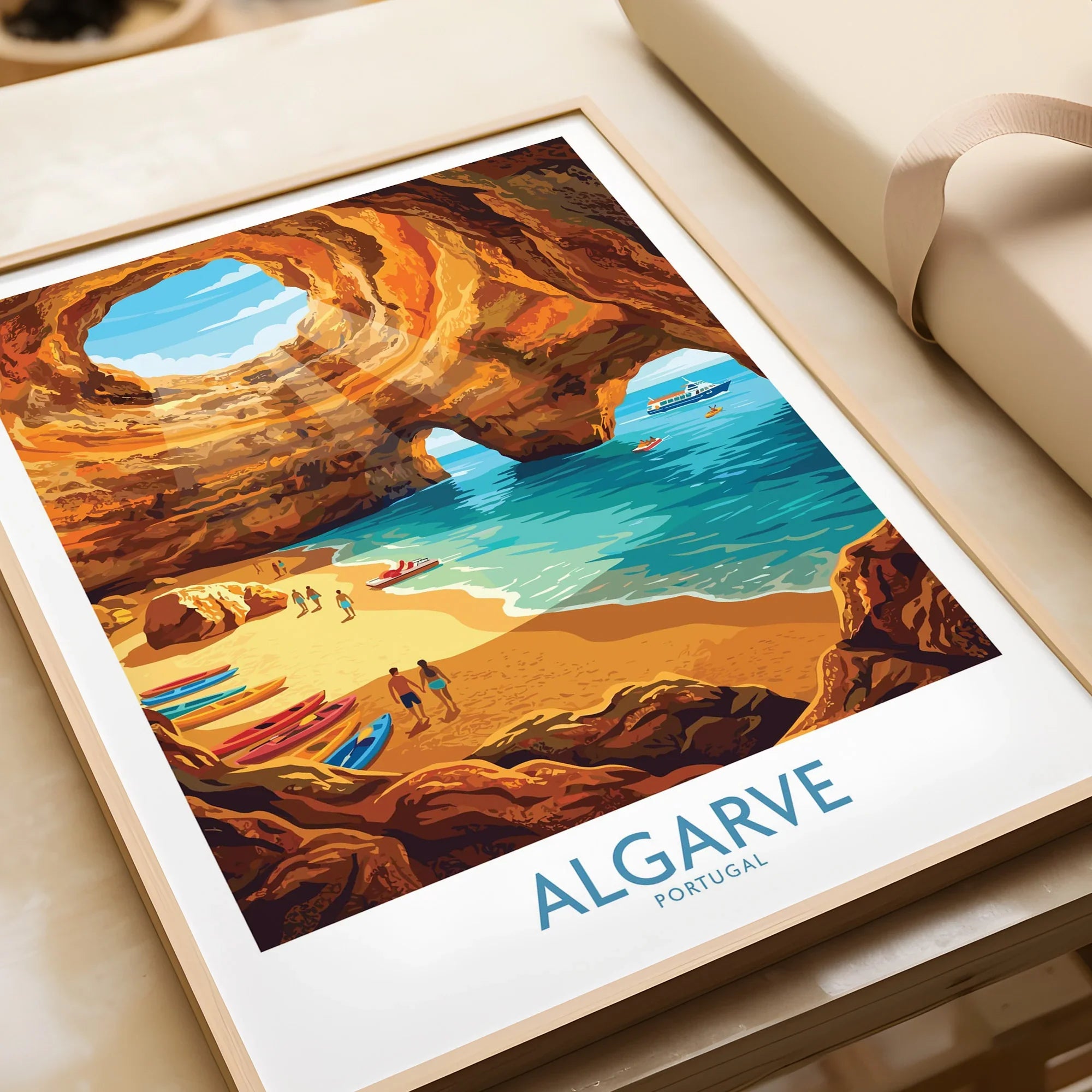 Algarve Portugal Sea Caves Wall Art — framed art print closeup gift unwrapped natural frame