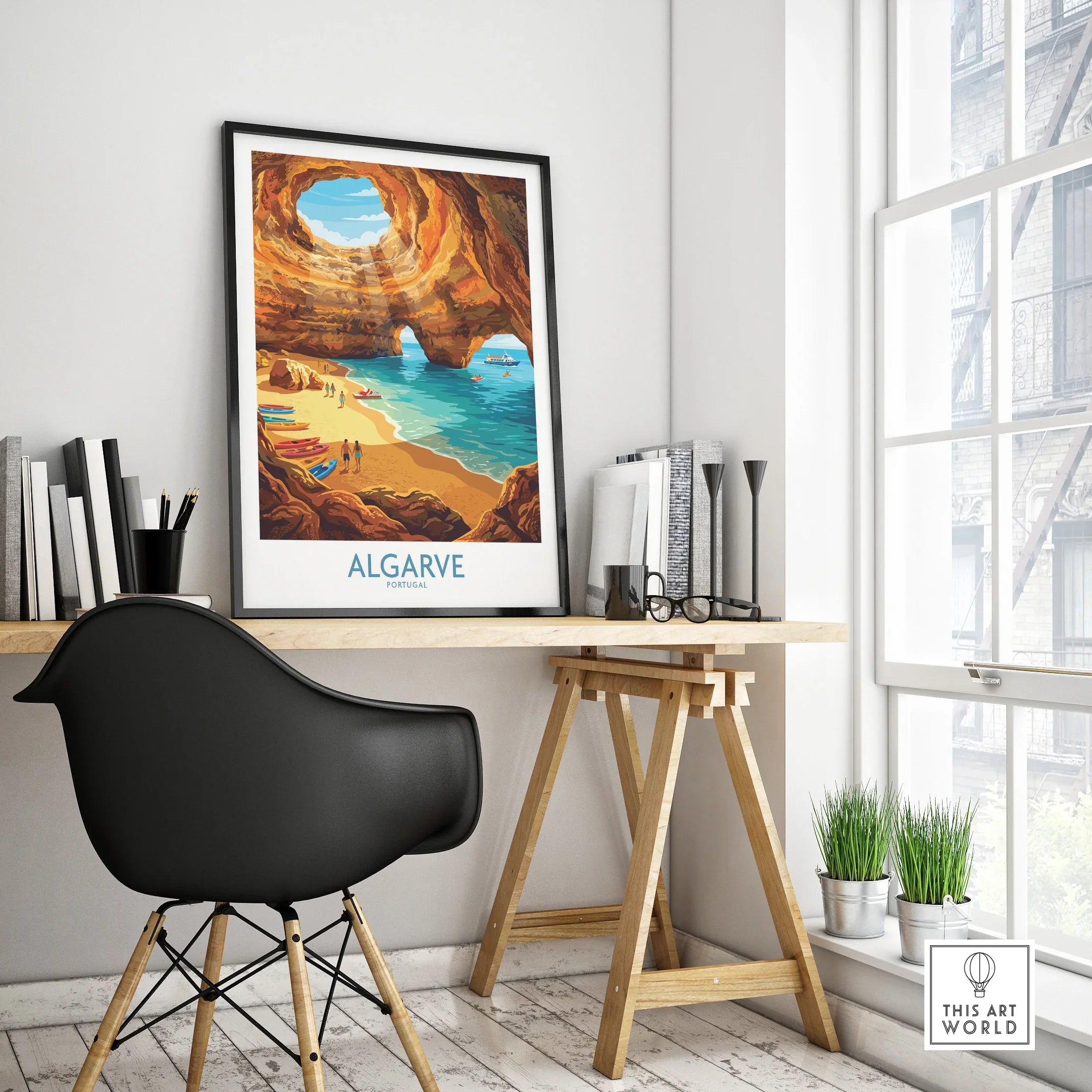 Algarve Portugal Sea Caves Wall Art — framed poster black frame on office desk modern