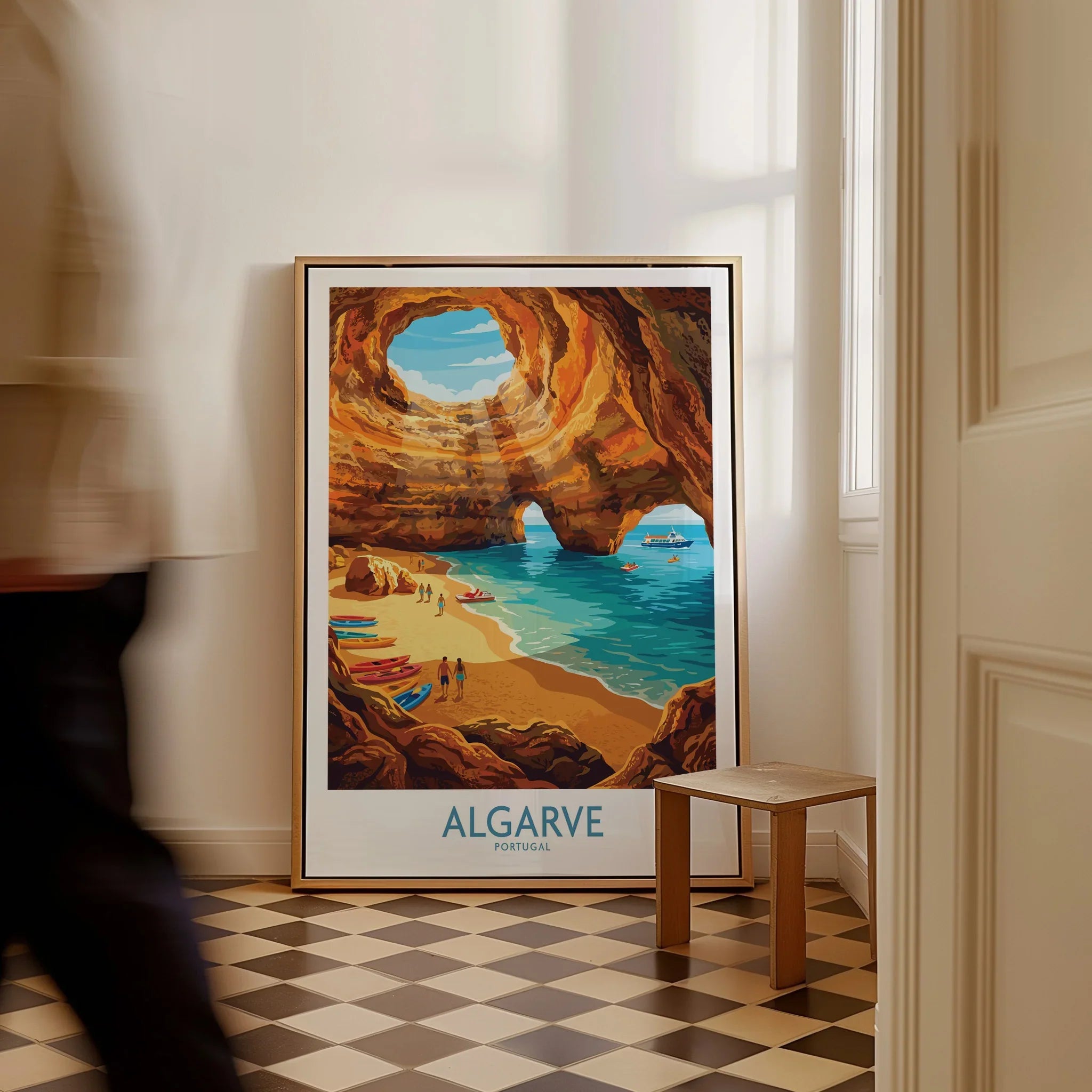 Algarve Portugal Sea Caves Wall Art — framed canvas on floor man walking past