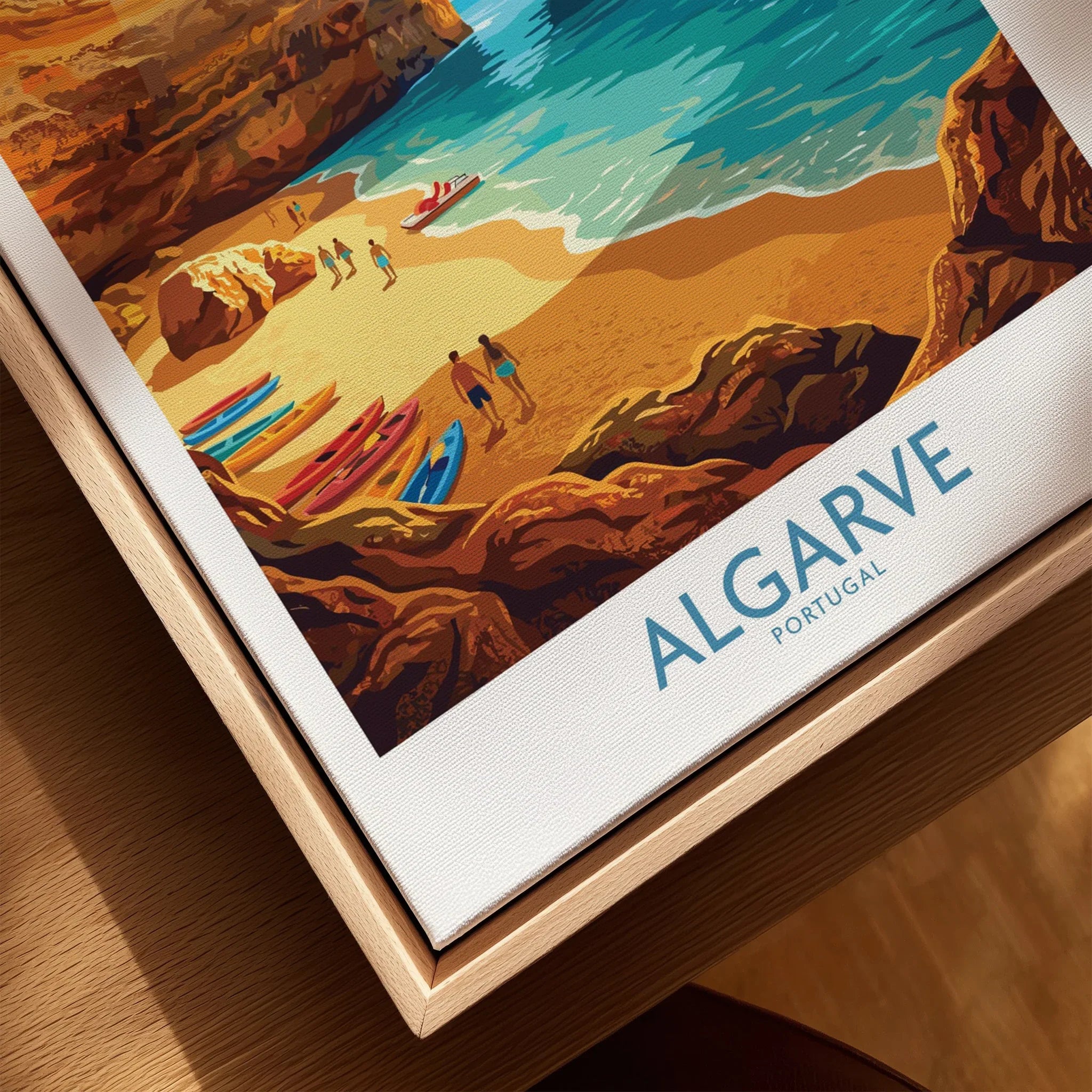 Algarve Portugal Sea Caves Wall Art — closeup framed canvas natural wood floating frame