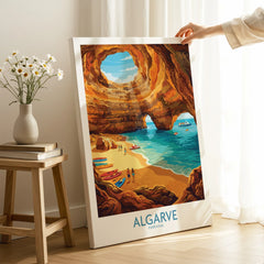 Algarve Portugal Sea Caves Wall Art — canvas print mirror edge hand holding room setting