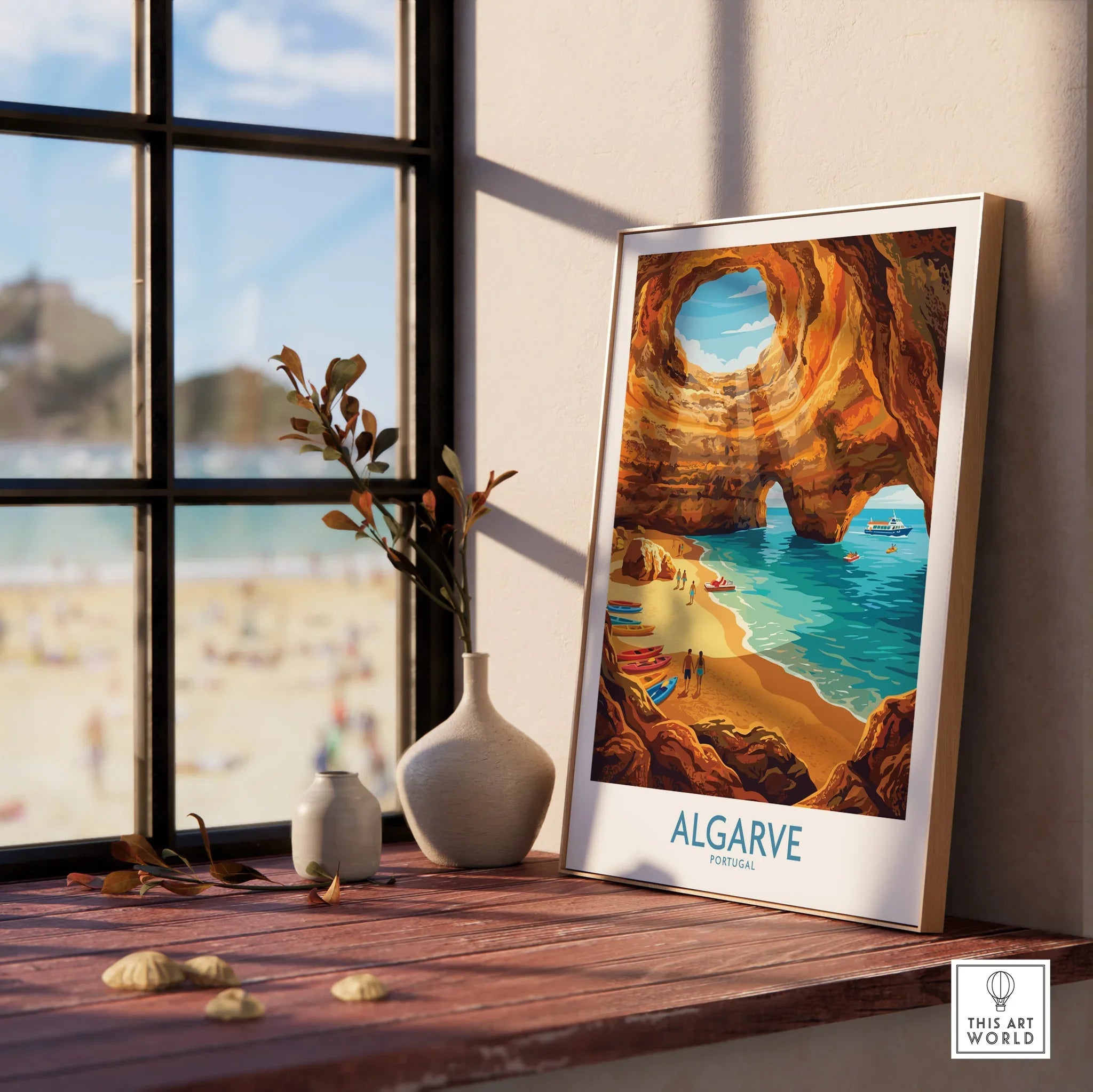 Algarve Portugal Sea Caves Wall Art — framed print window view natural wood frame