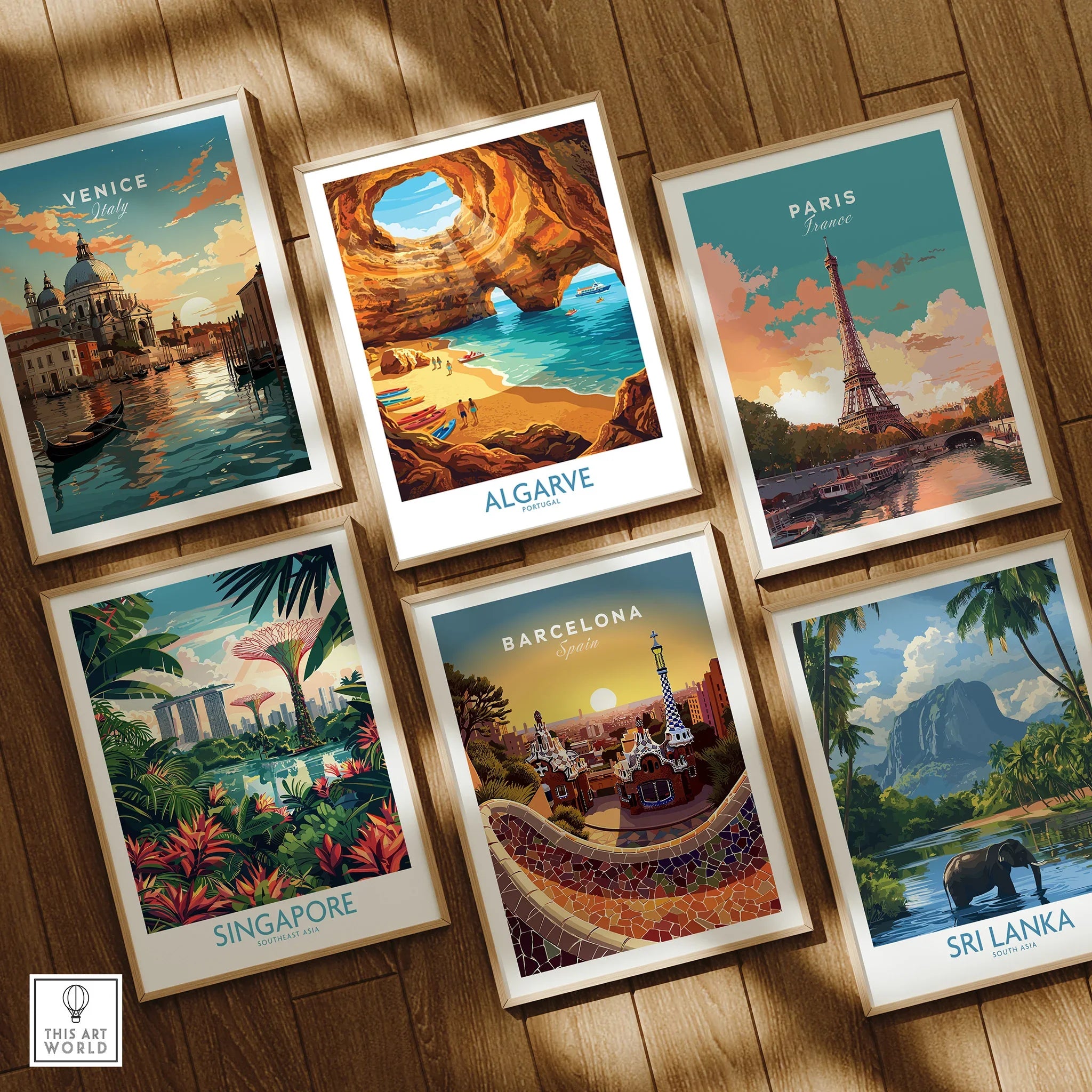 Algarve Portugal Sea Caves Wall Art — set six framed art prints wooden floor natural wood frames