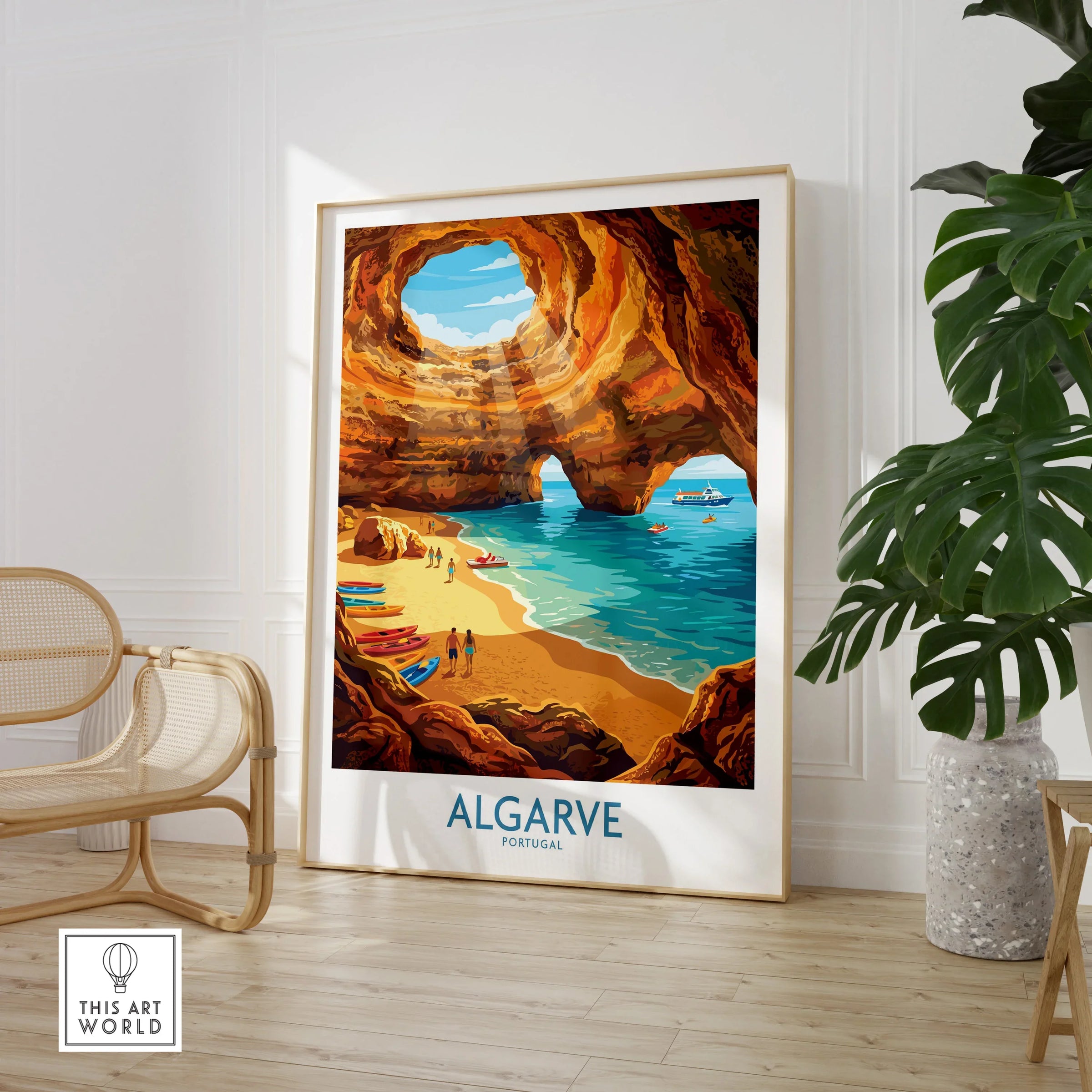 Algarve Portugal Sea Caves Wall Art — large framed print room setting chair plant