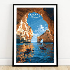 Algarve Portugal Sea Arch Travel Poster — art print in black frame on wooden floor