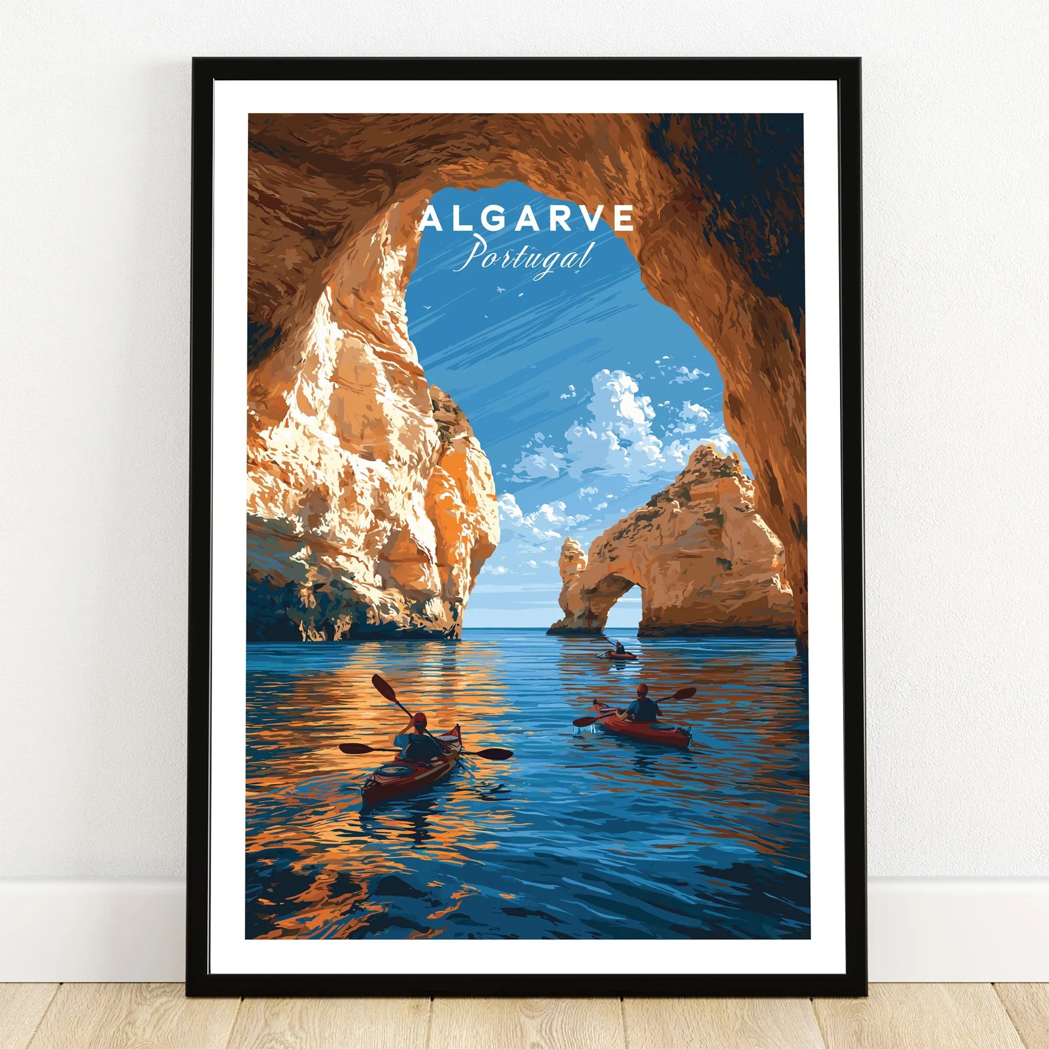 Algarve Portugal Sea Arch Travel Poster — art print in black frame on wooden floor