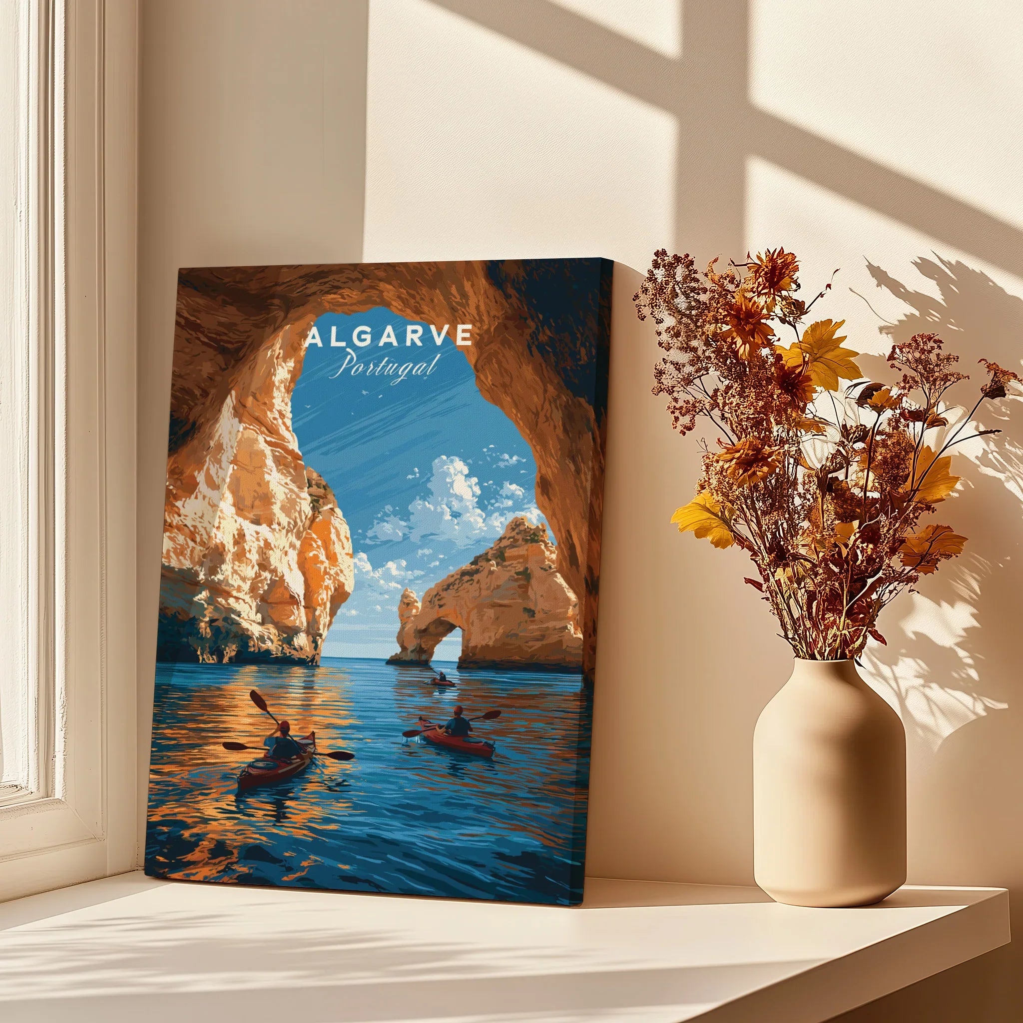 Algarve Portugal Sea Arch Travel Poster — canvas print window setting with shadows flowers