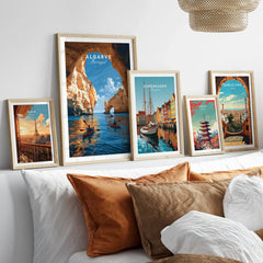Algarve Portugal Sea Arch Travel Poster — set five framed artprints above bed natural wood frames