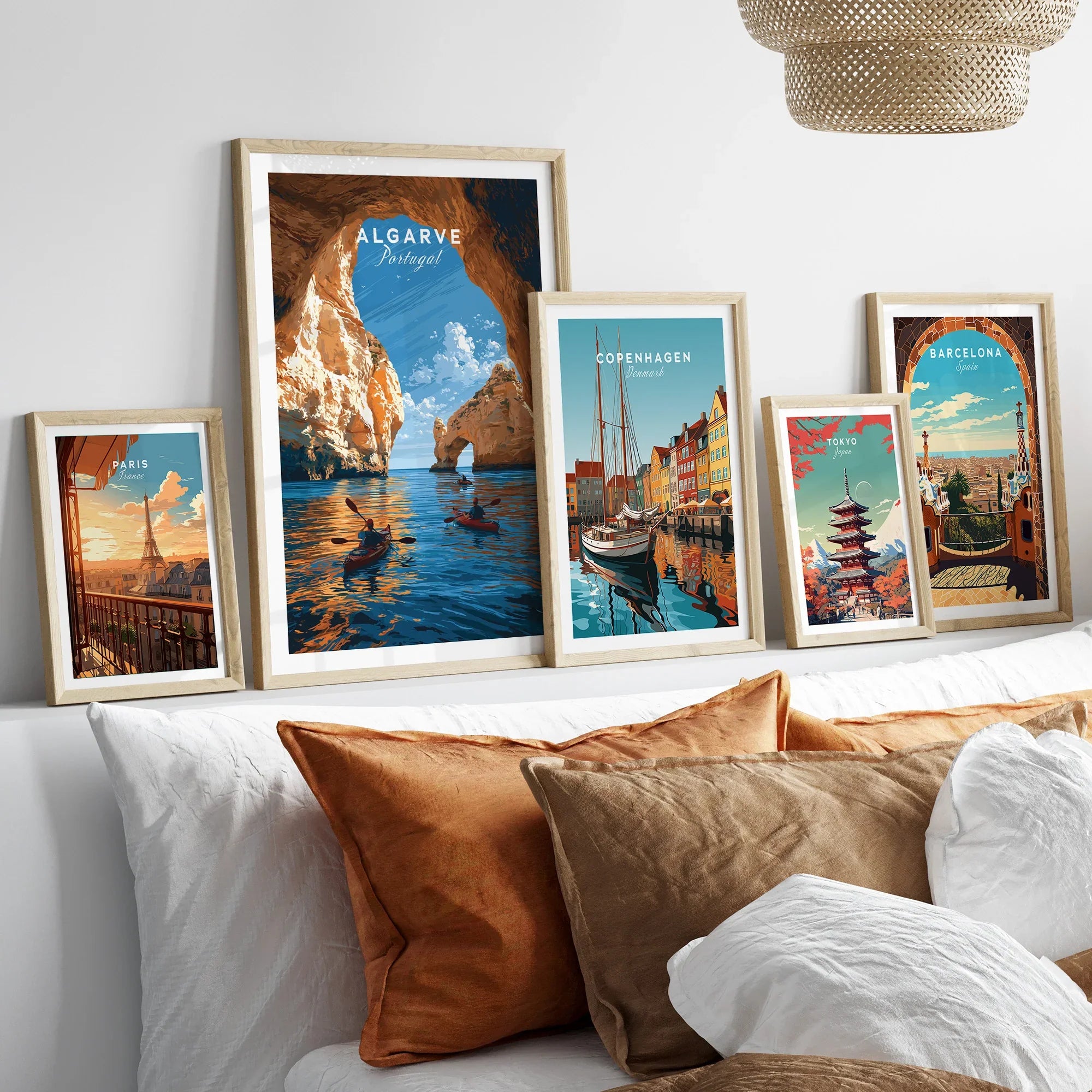 Algarve Portugal Sea Arch Travel Poster — set five framed artprints above bed natural wood frames