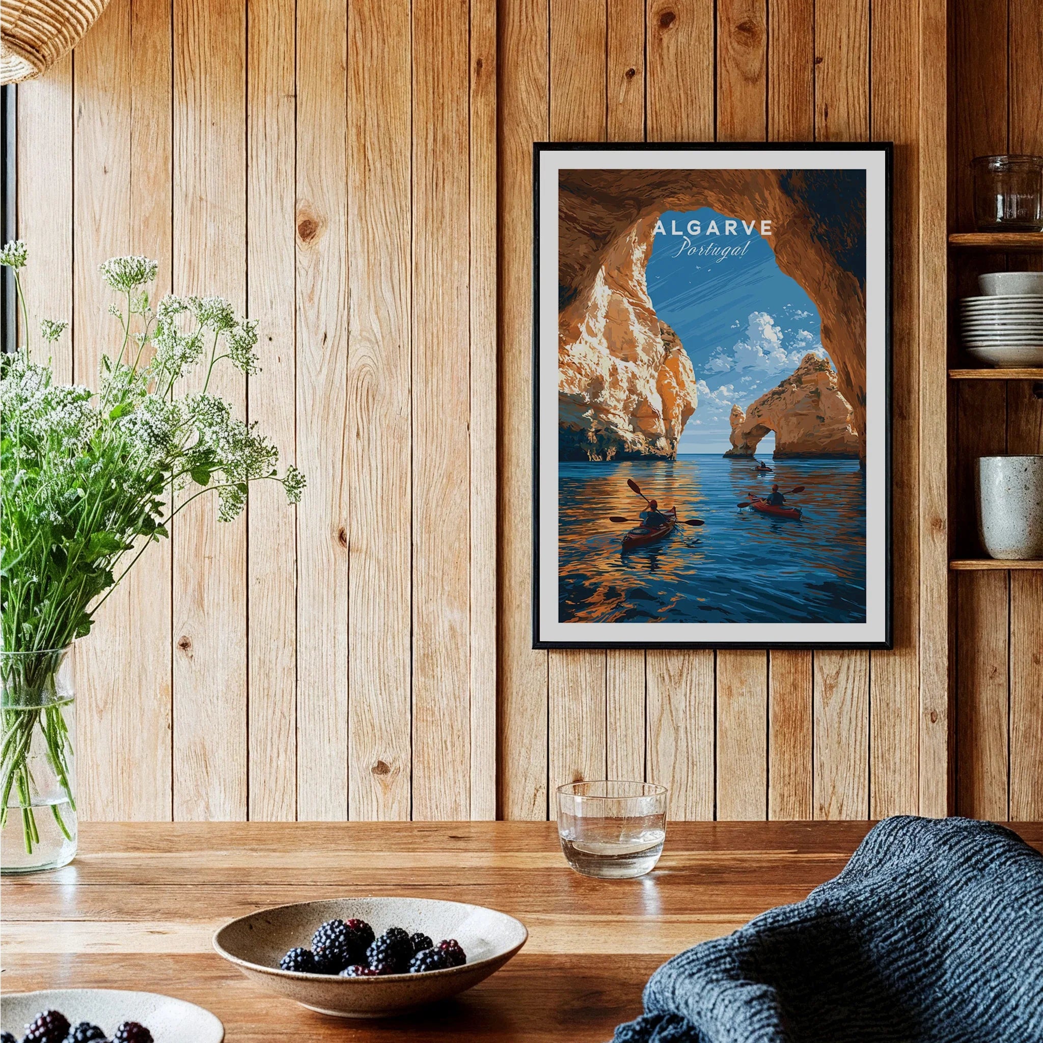 Algarve Portugal Sea Arch Travel Poster — black framed art print kitchen setting