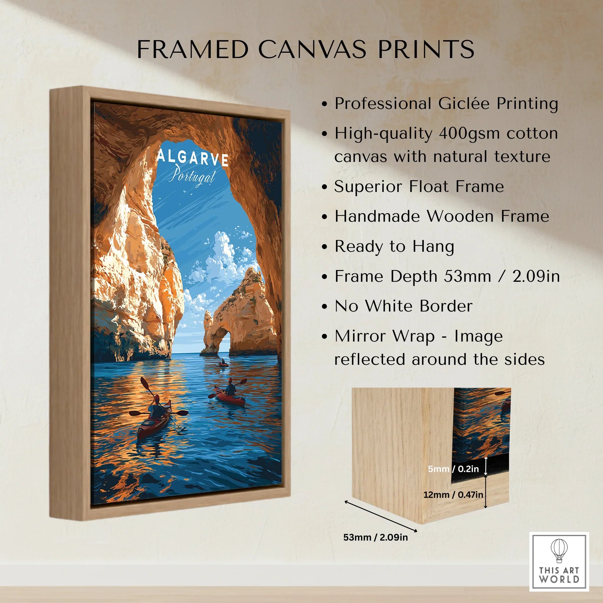 Algarve Portugal Sea Arch Travel Poster — framed canvas float frame details quality
