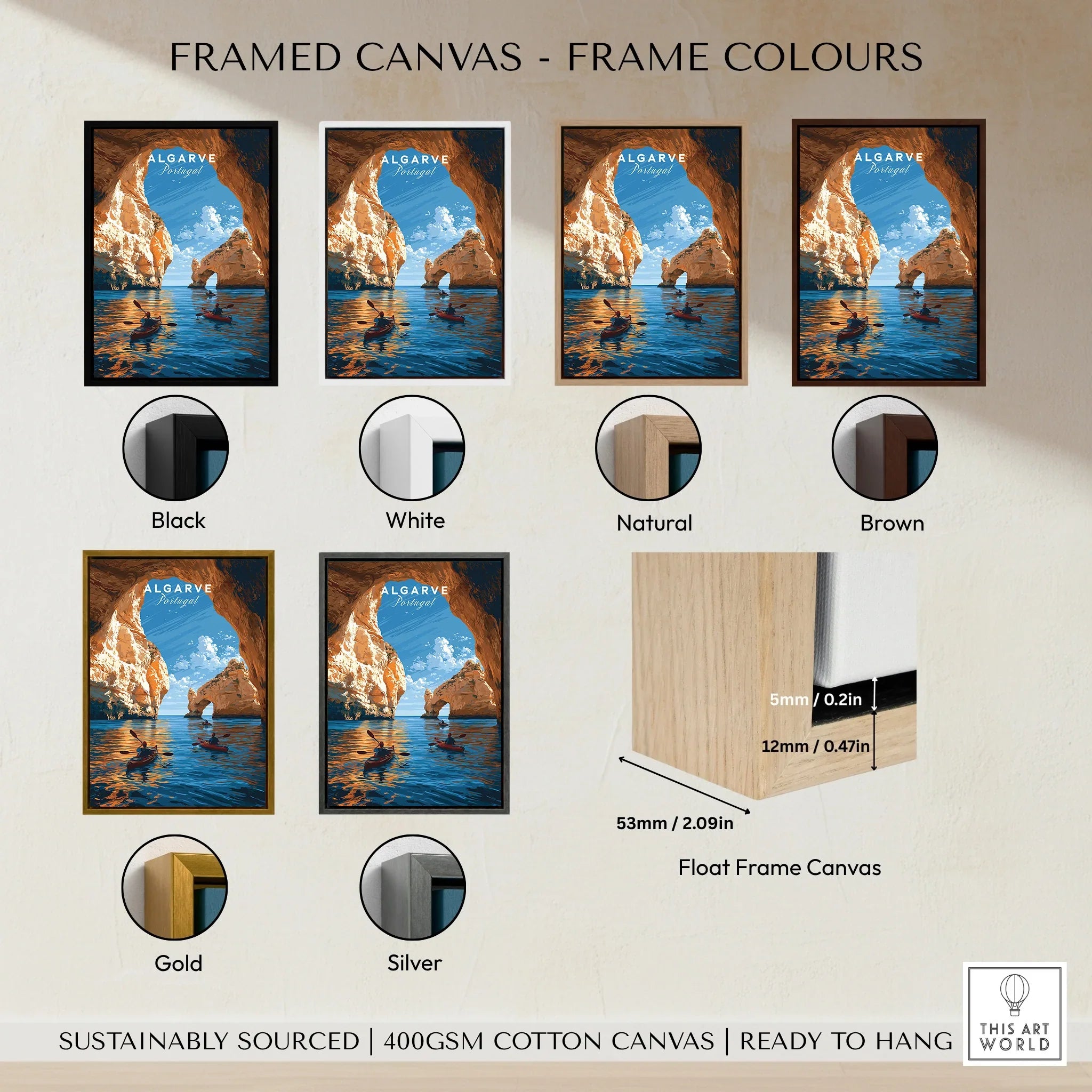 Algarve Portugal Sea Arch Travel Poster — framed canvas float frame colour options