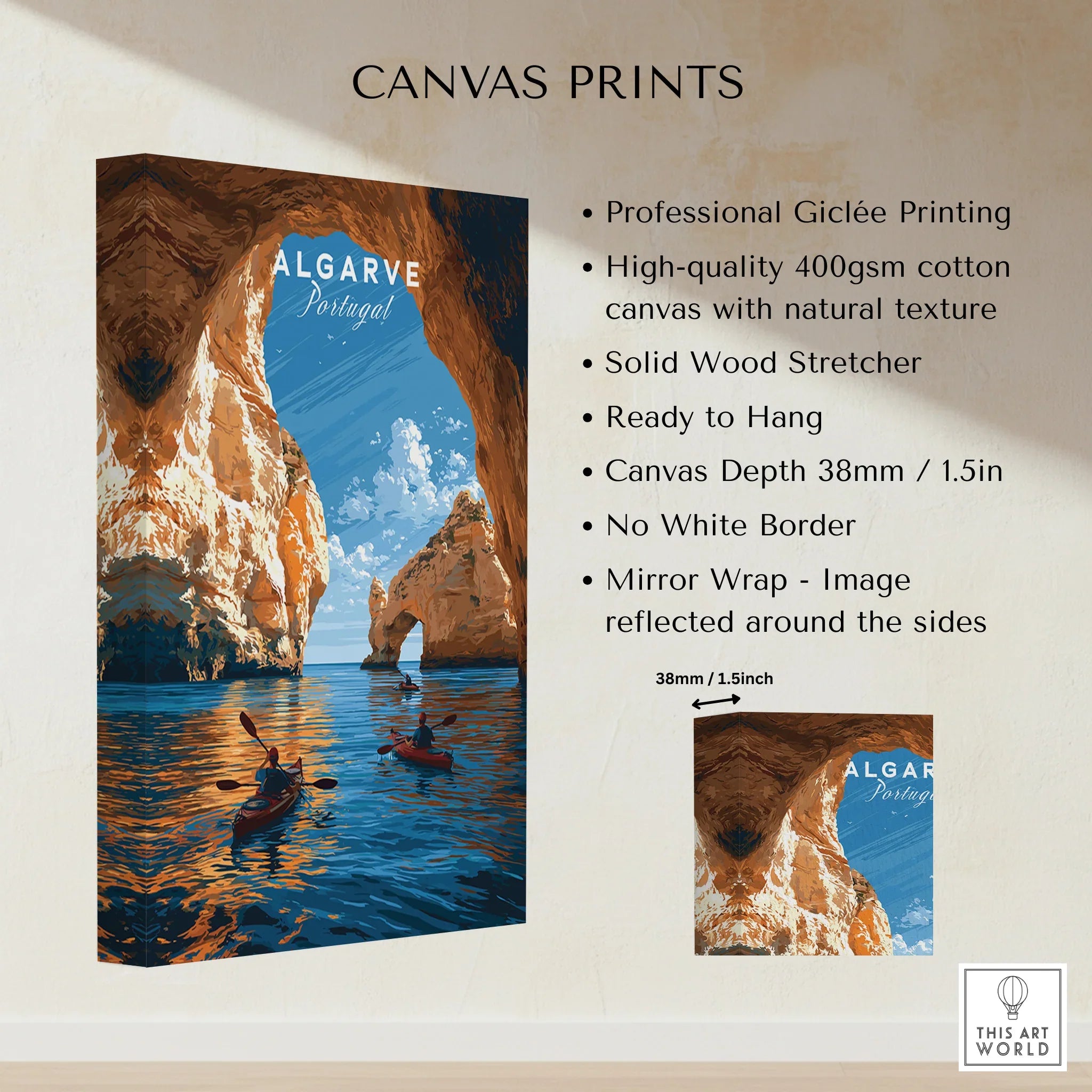Algarve Portugal Sea Arch Travel Poster — canvas print stretched cotton canvas details