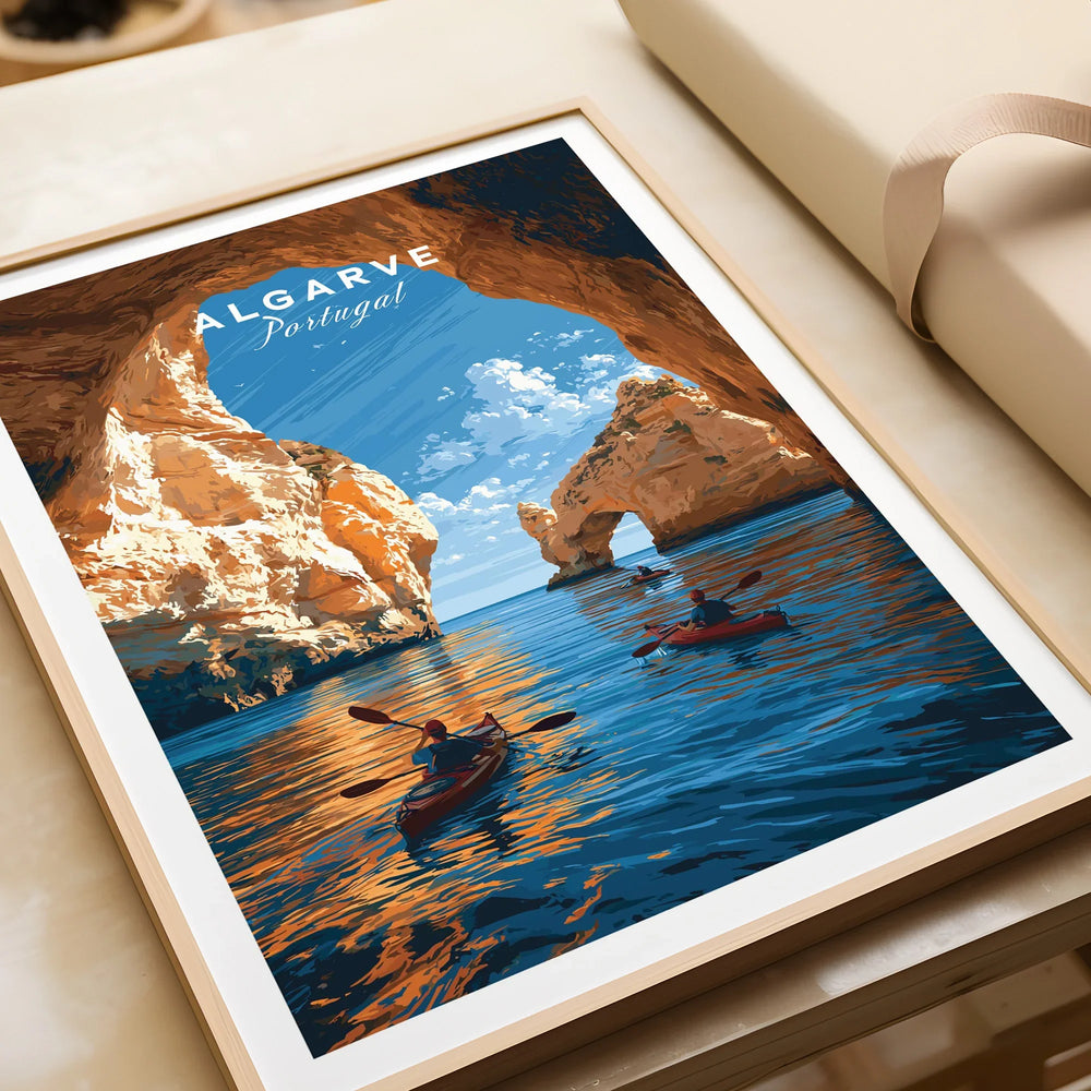 Algarve Portugal Sea Arch Travel Poster — framed art print closeup gift unwrapped natural frame