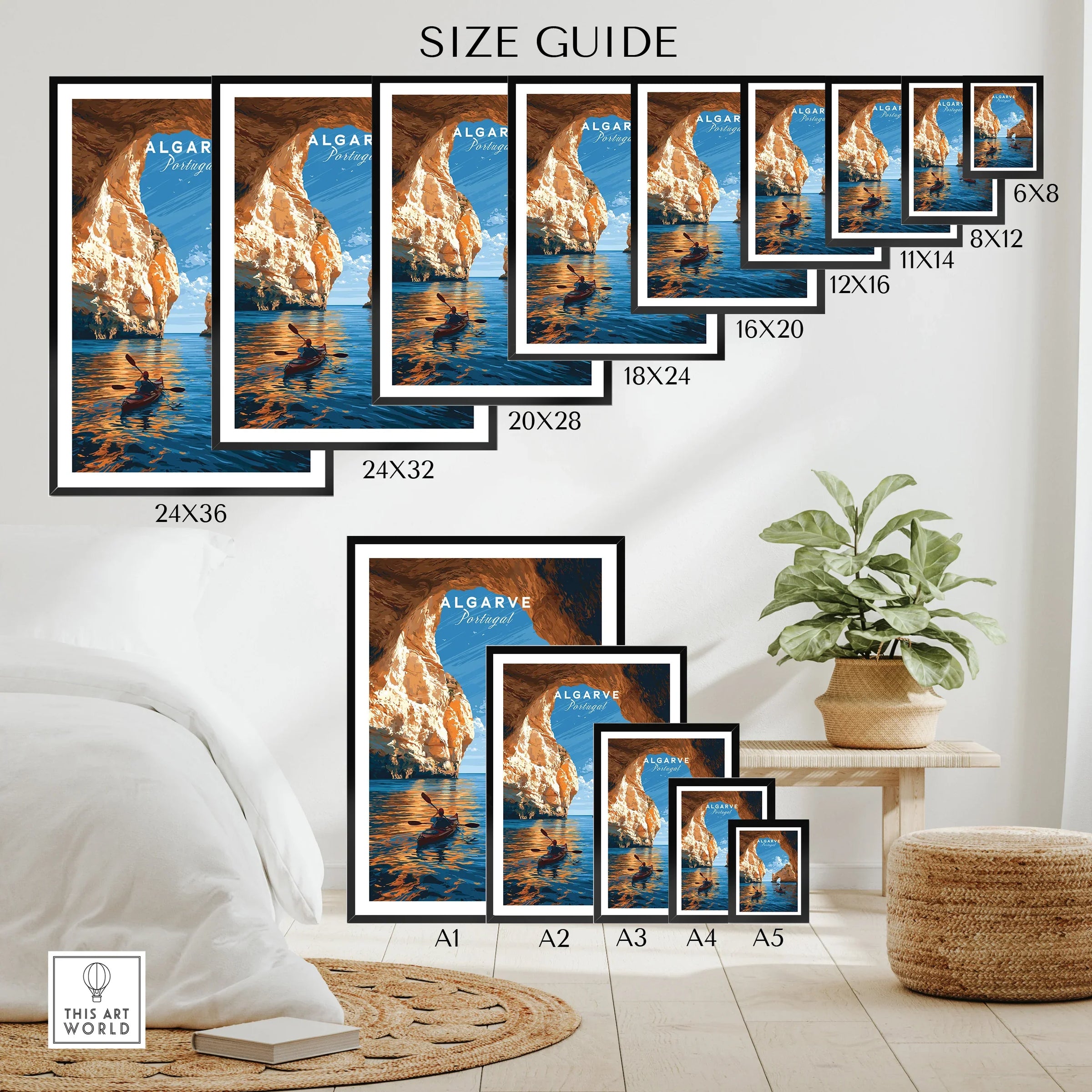 Algarve Portugal Sea Arch Travel Poster — wall art poster size guide thisartworld