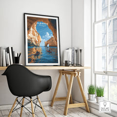 Algarve Portugal Sea Arch Travel Poster — framed poster black frame on office desk modern
