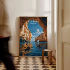 Algarve Portugal Sea Arch Travel Poster — framed canvas on floor man walking past