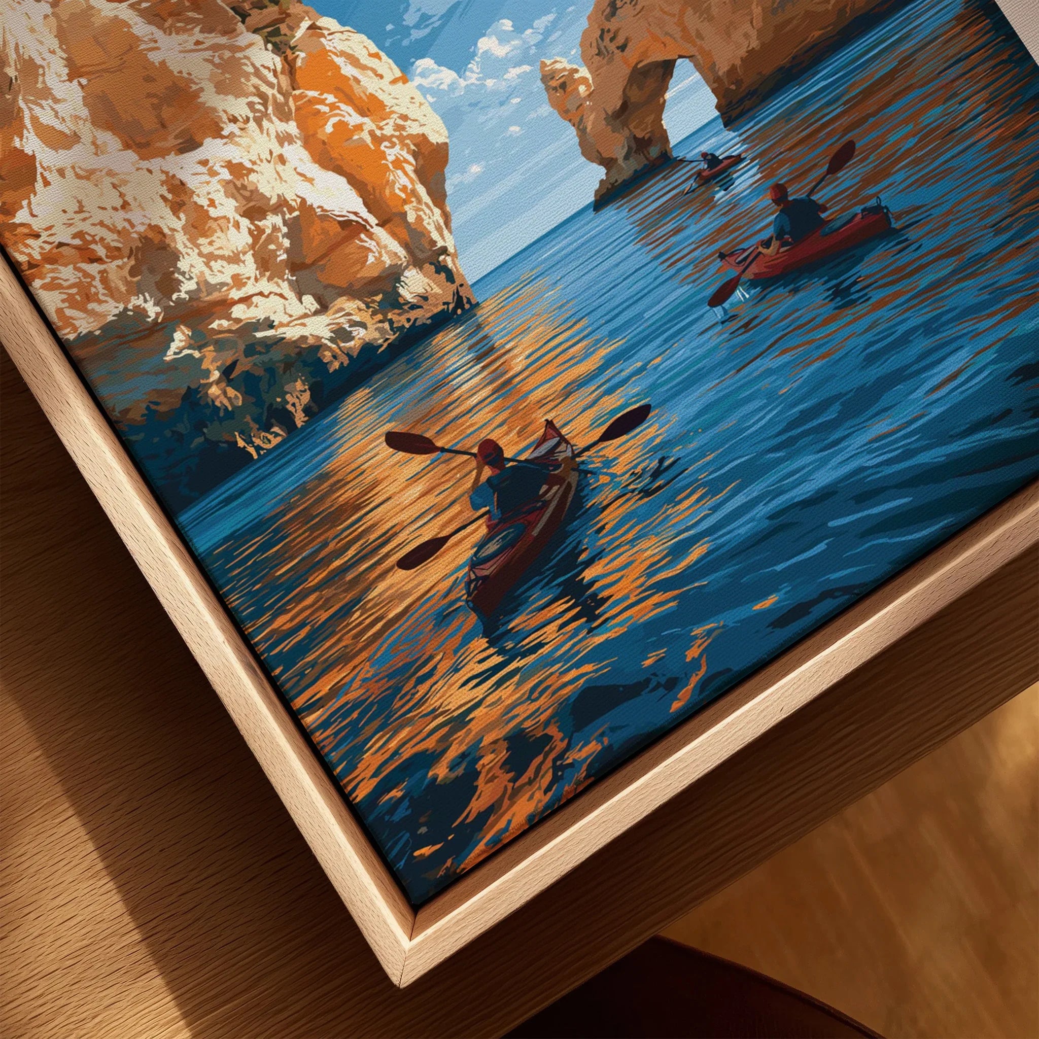 Algarve Portugal Sea Arch Travel Poster — closeup framed canvas natural wood floating frame