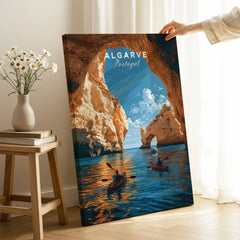 Algarve Portugal Sea Arch Travel Poster — canvas print mirror edge hand holding room setting