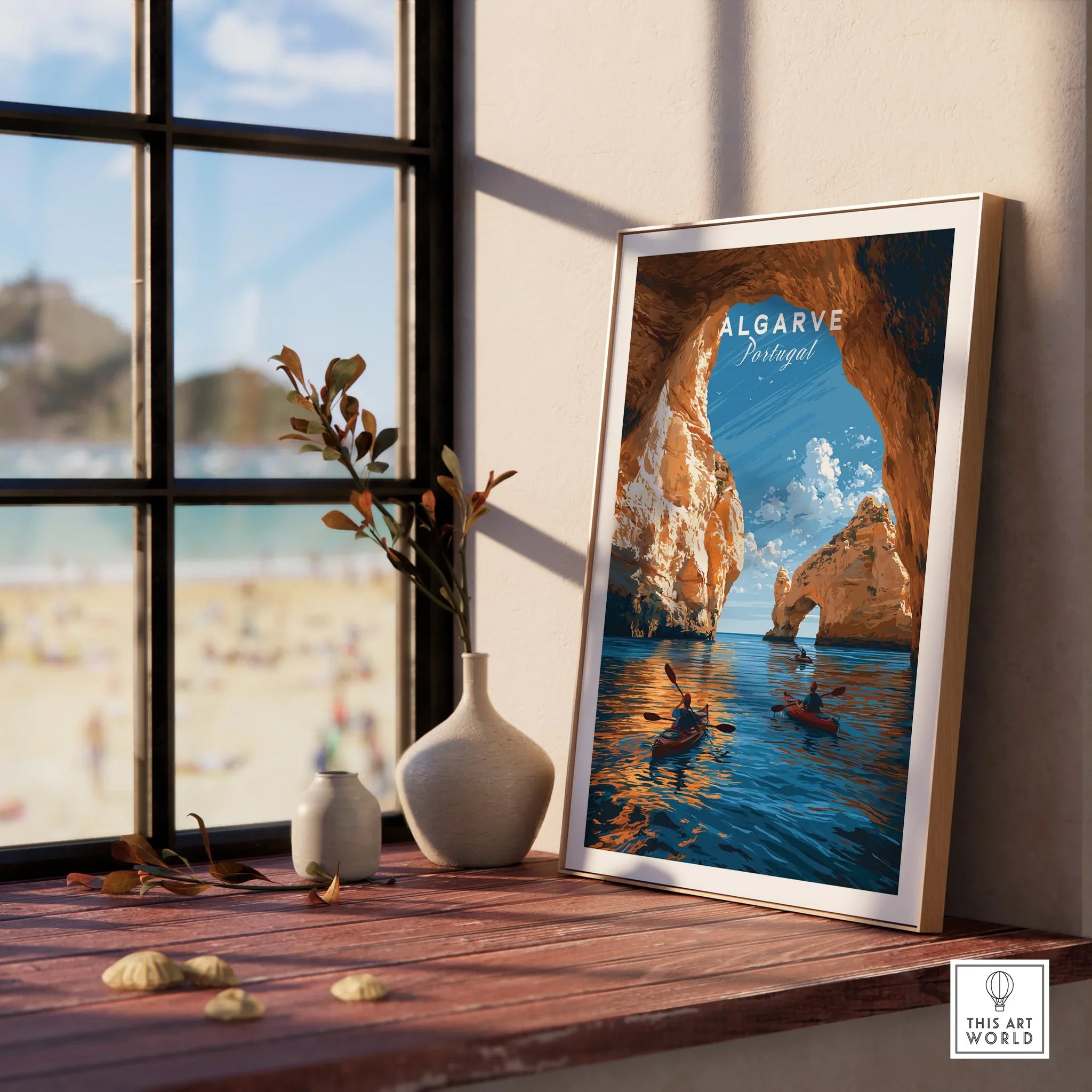 Algarve Portugal Sea Arch Travel Poster — framed print window view natural wood frame