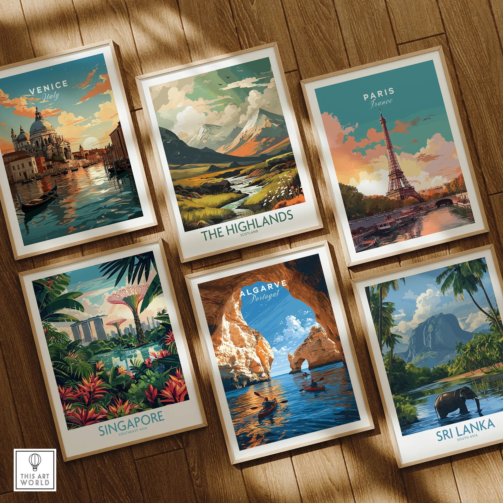 Algarve Portugal Sea Arch Travel Poster — set six framed art prints wooden floor natural wood frames