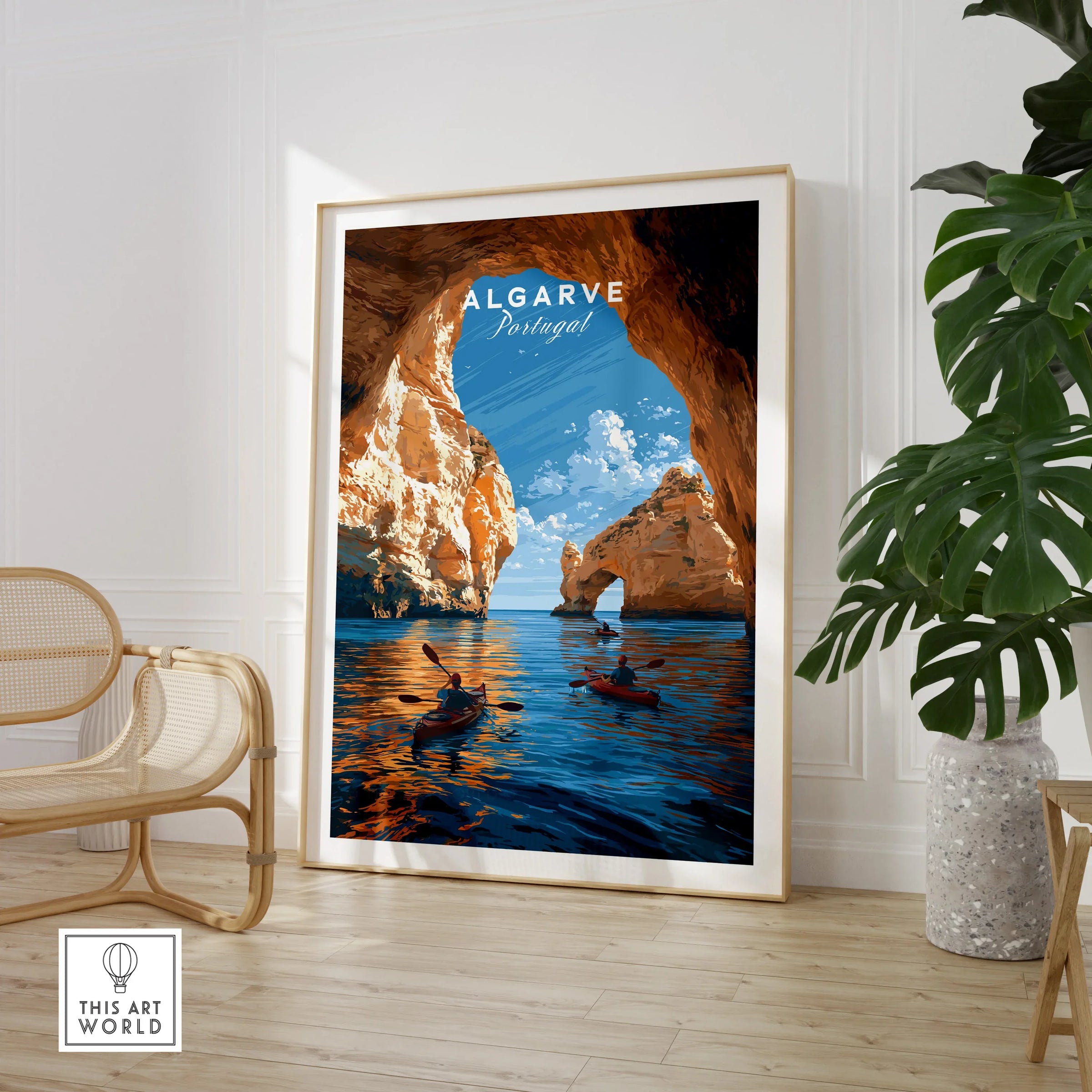 Algarve Portugal Sea Arch Travel Poster — large framed print room setting chair plant