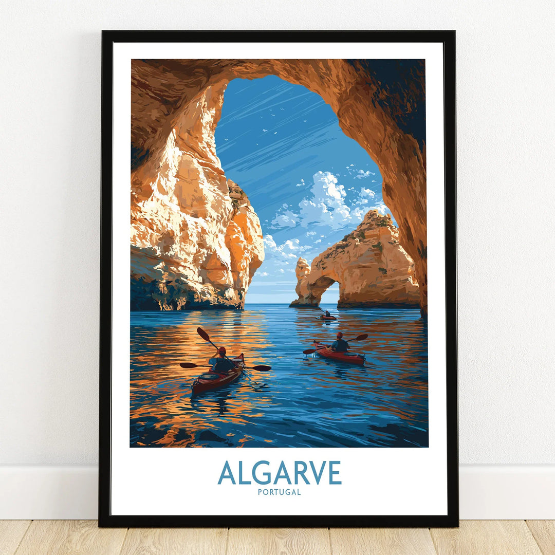 Algarve Portugal Sea Arch Wall Art — art print in black frame on wooden floor