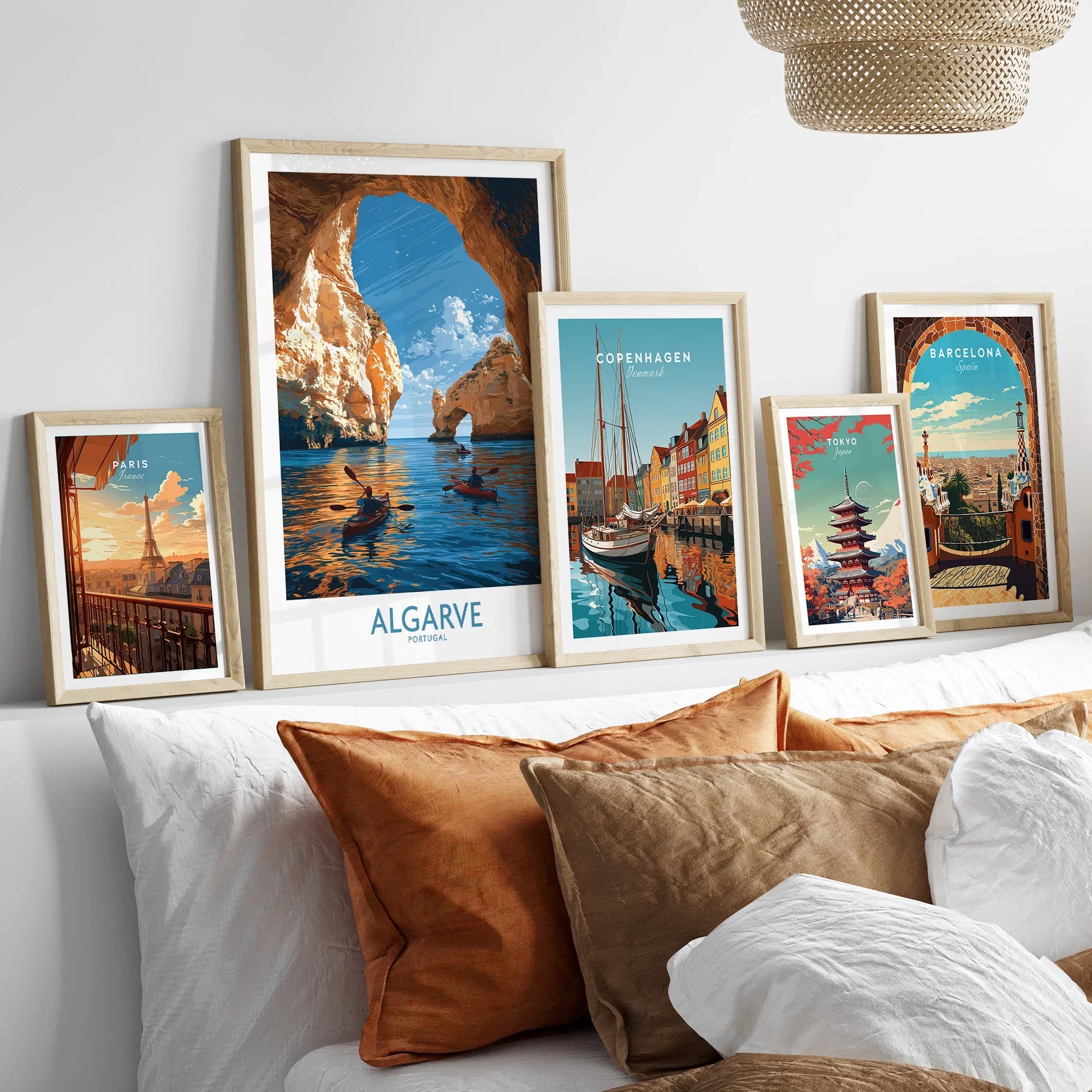 Algarve Portugal Sea Arch Wall Art — set five framed artprints above bed natural wood frames