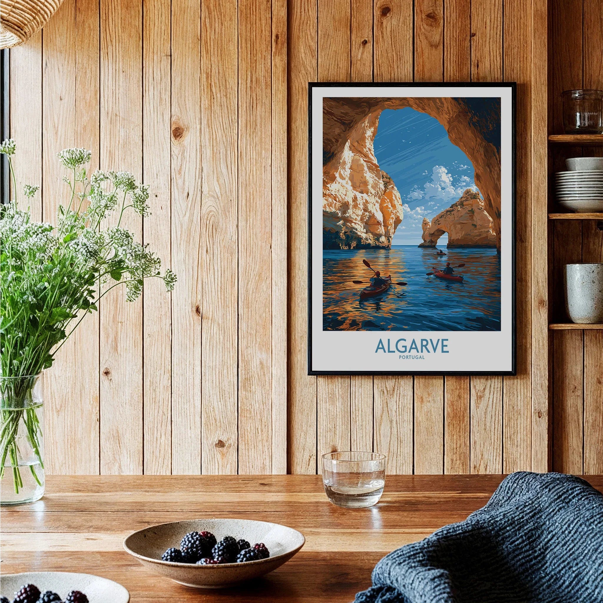 Algarve Portugal Sea Arch Wall Art — black framed art print kitchen setting