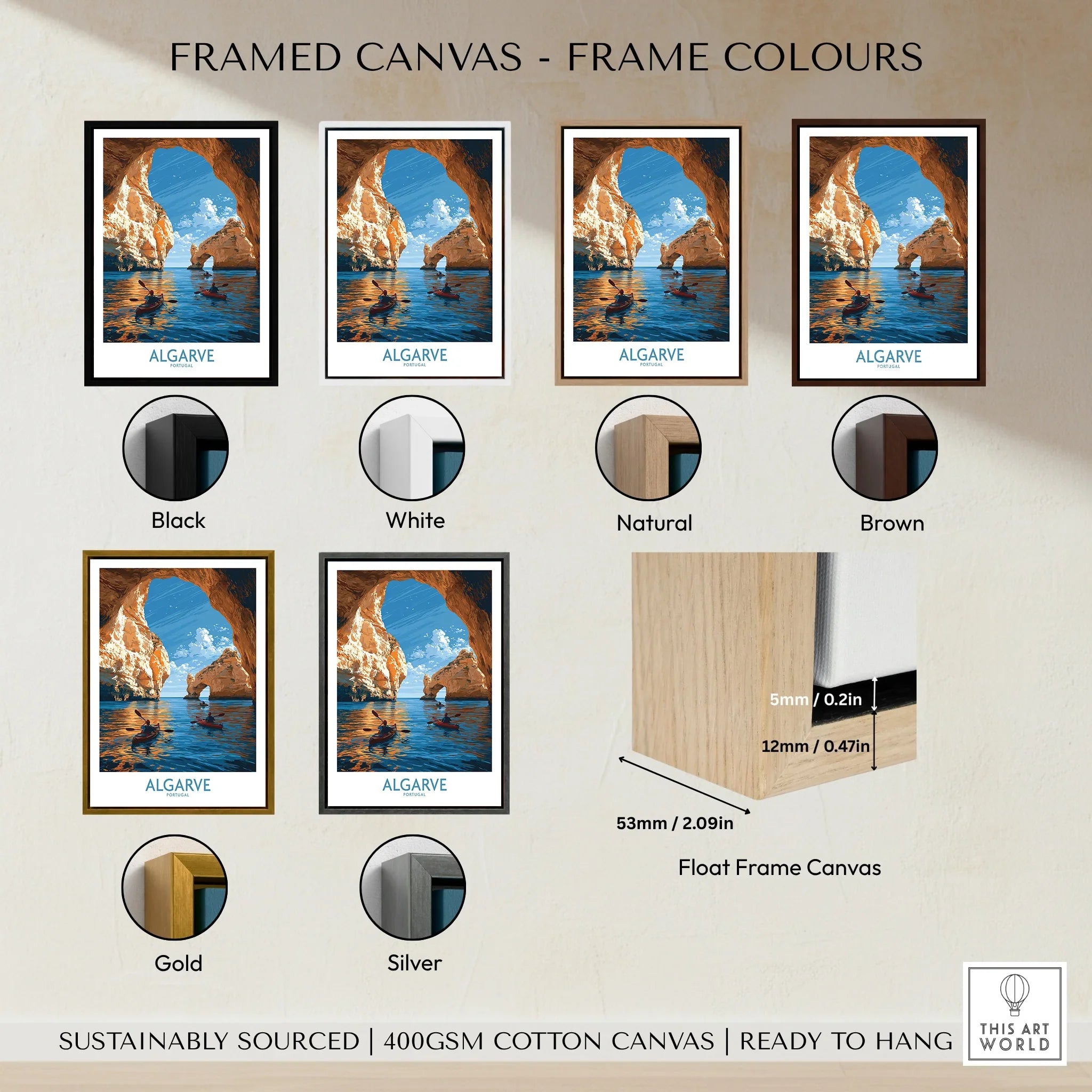 Algarve Portugal Sea Arch Wall Art — framed canvas float frame colour options