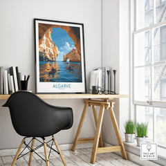 Algarve Portugal Sea Arch Wall Art — framed poster black frame on office desk modern